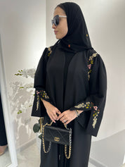 C Black Linen Embroidered Abaya