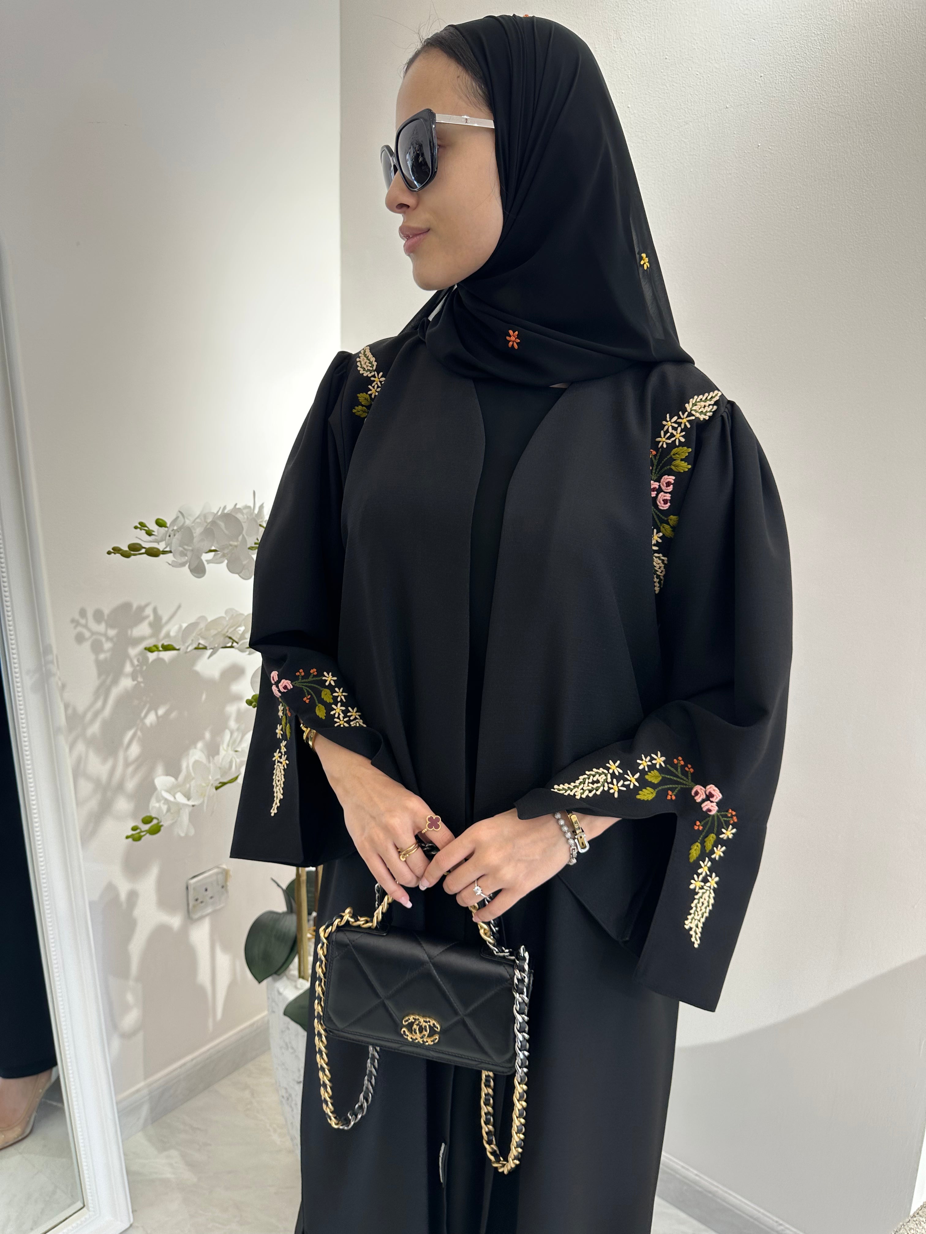 C Black Linen Embroidered Abaya