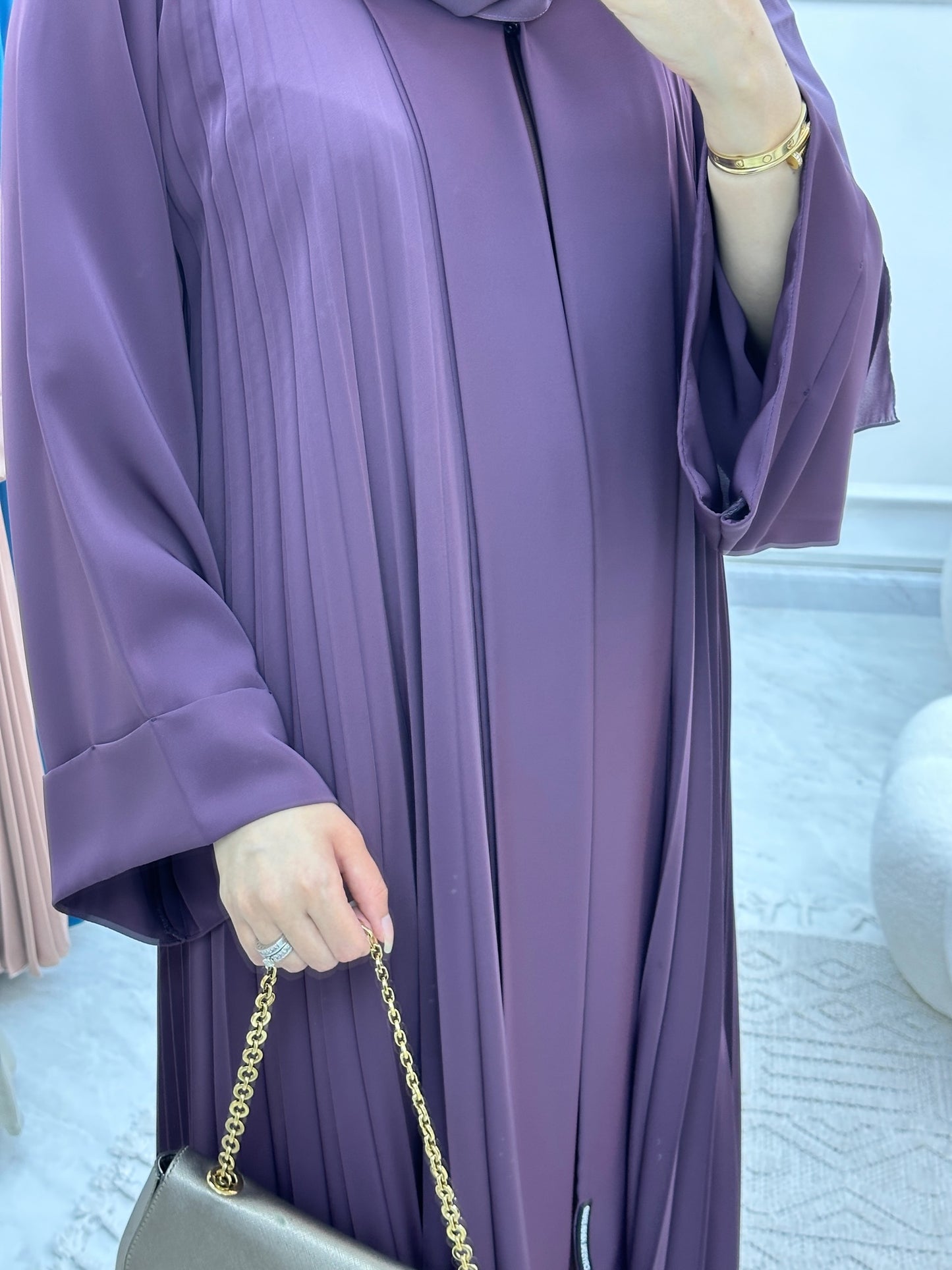 C Plain Purple Pleated Abaya Set