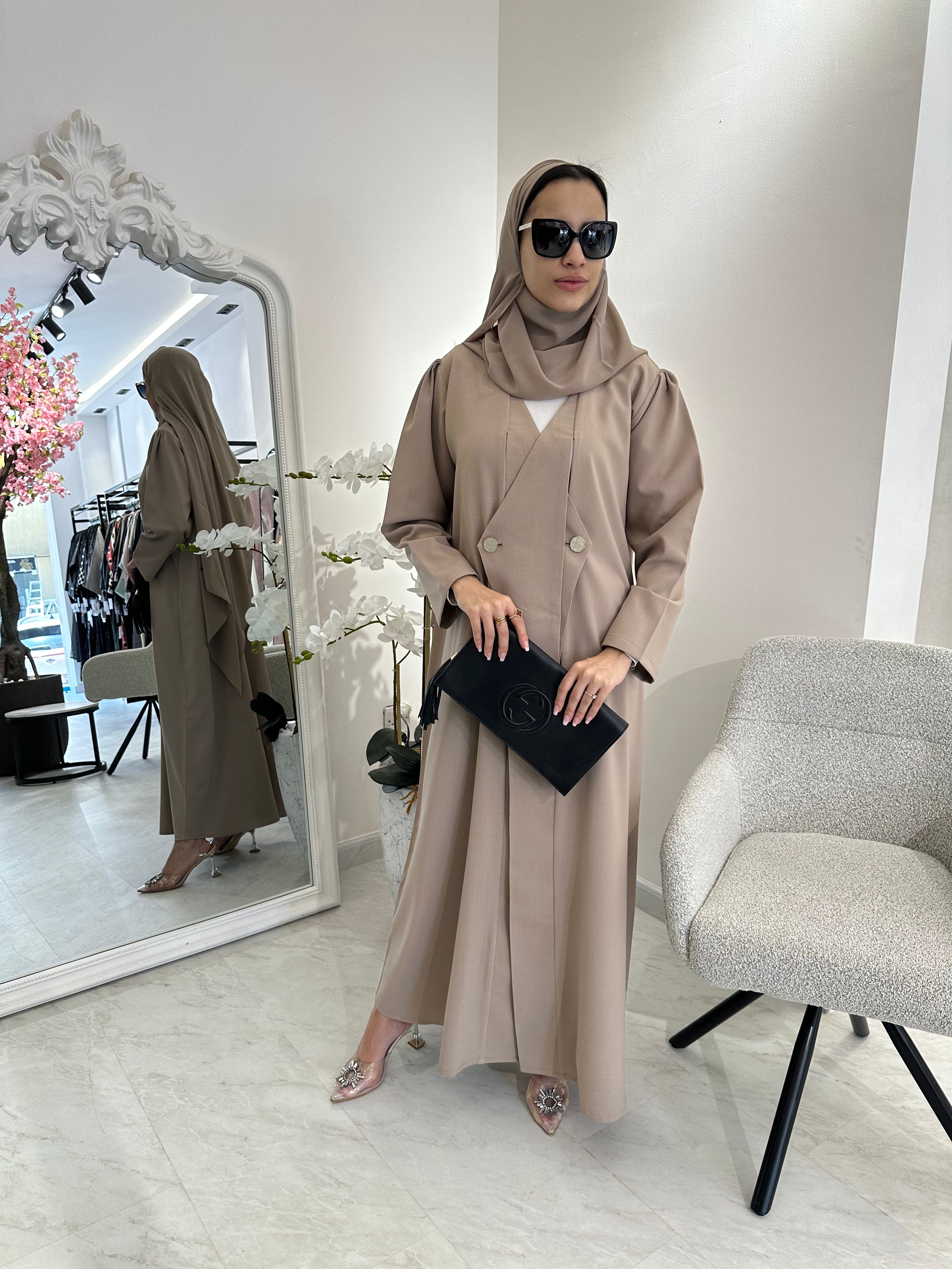 C Beige Overlap Classic Work Coat Abaya