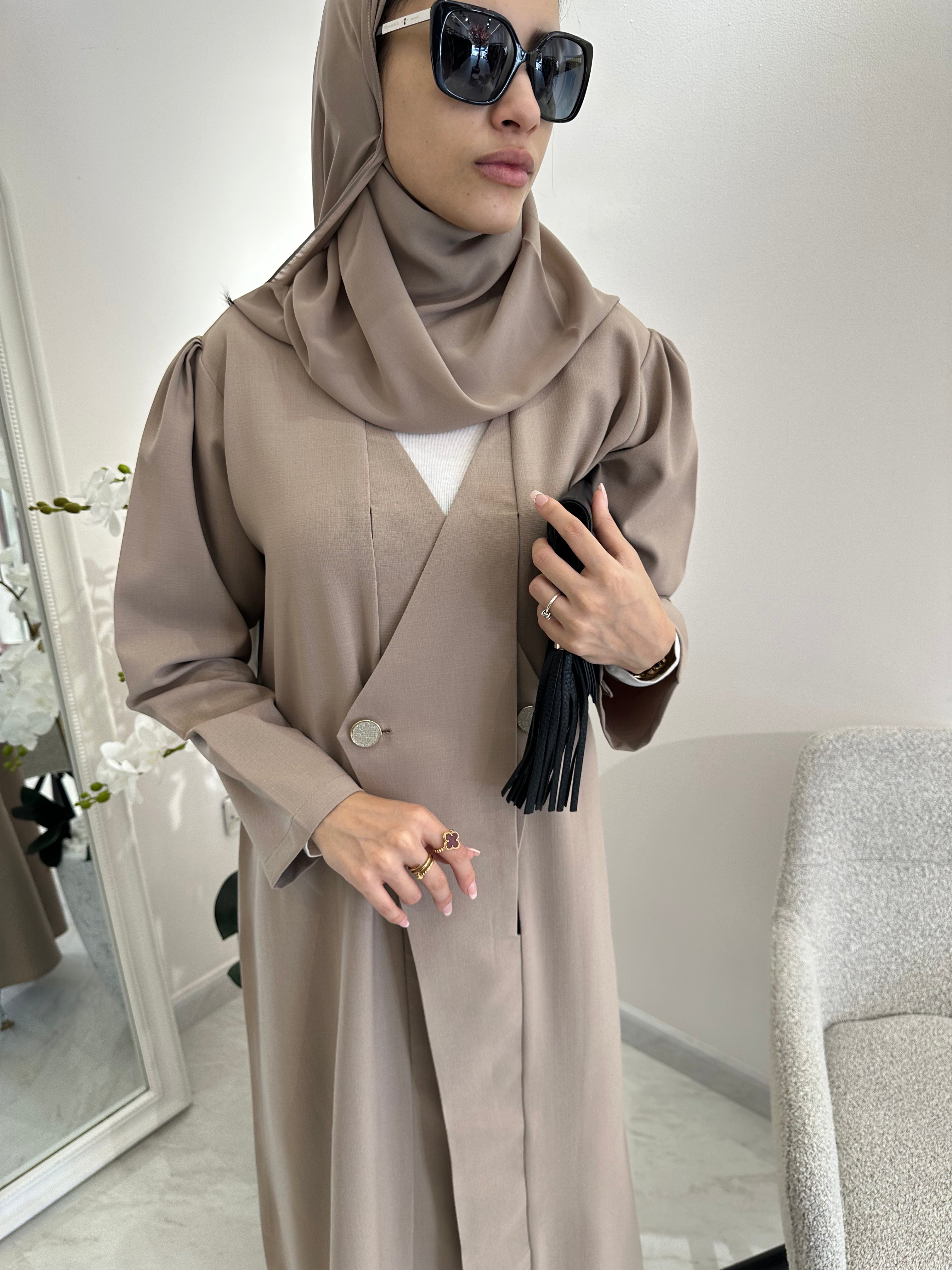 C Beige Overlap Classic Work Coat Abaya