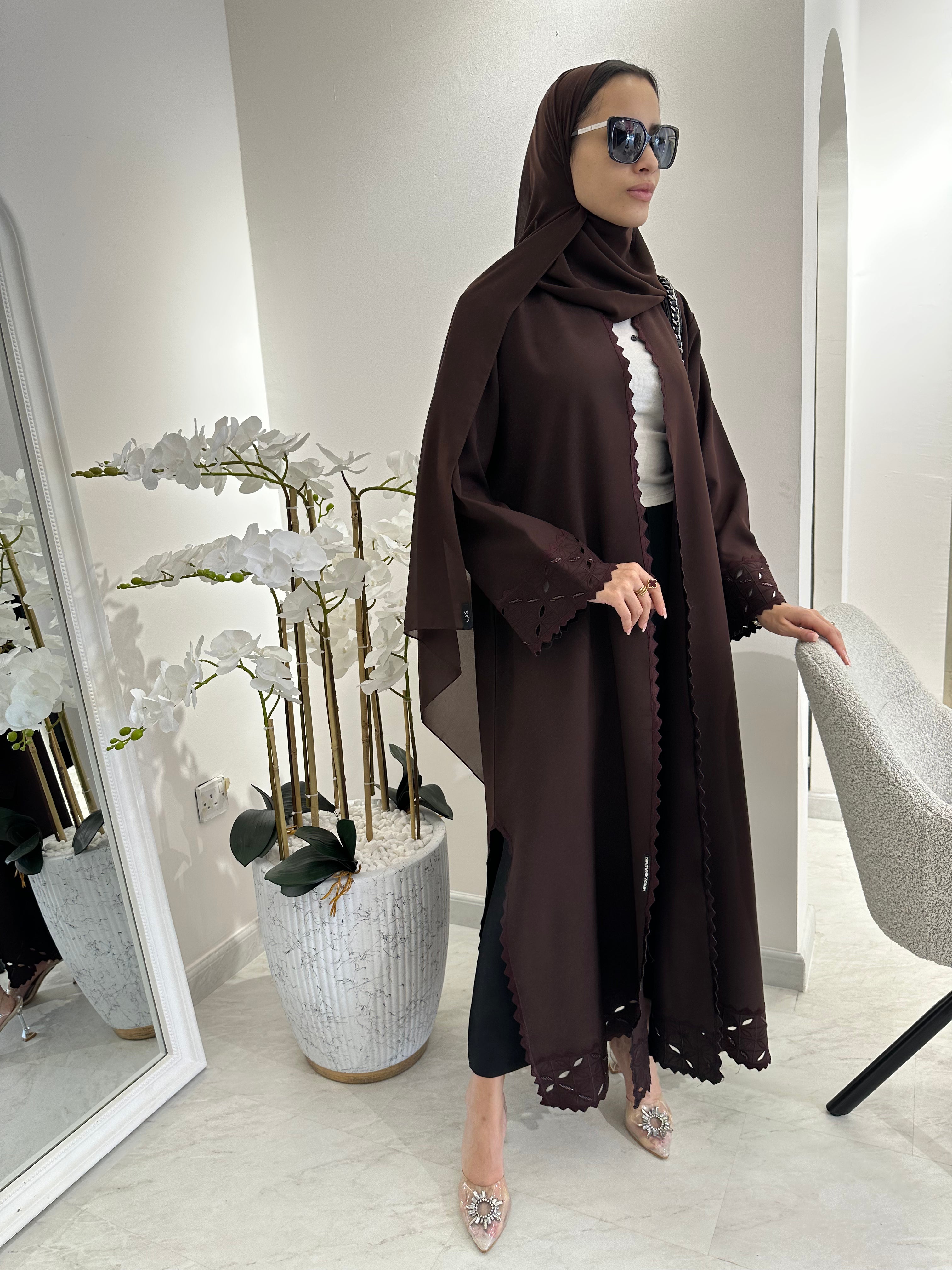 C Lasercut Brown Satin Abaya