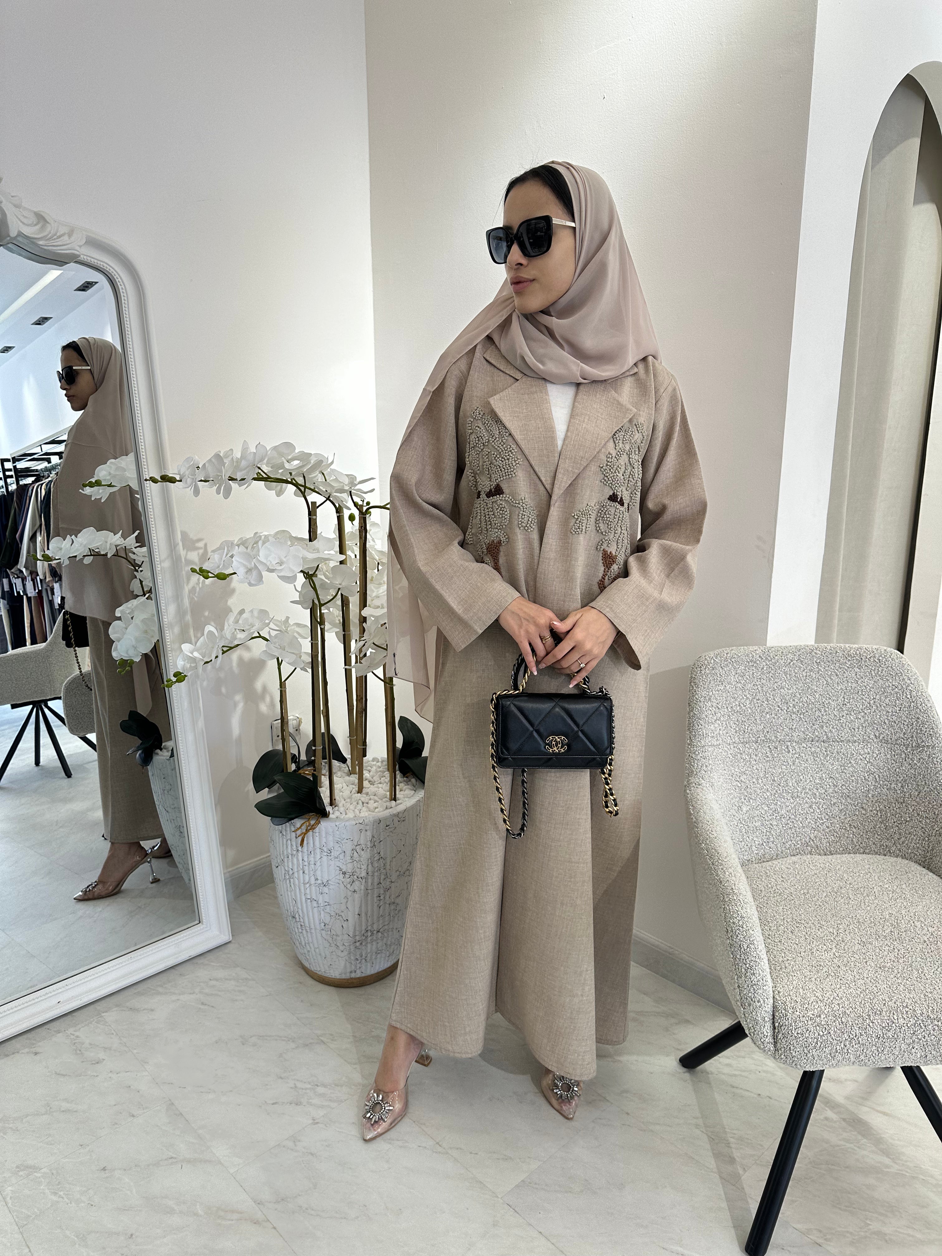 C Beige Brown Embroidery Coat Abaya