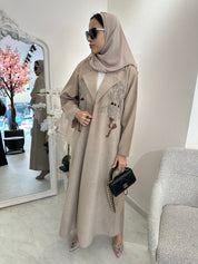 C Beige Brown Embroidery Coat Abaya