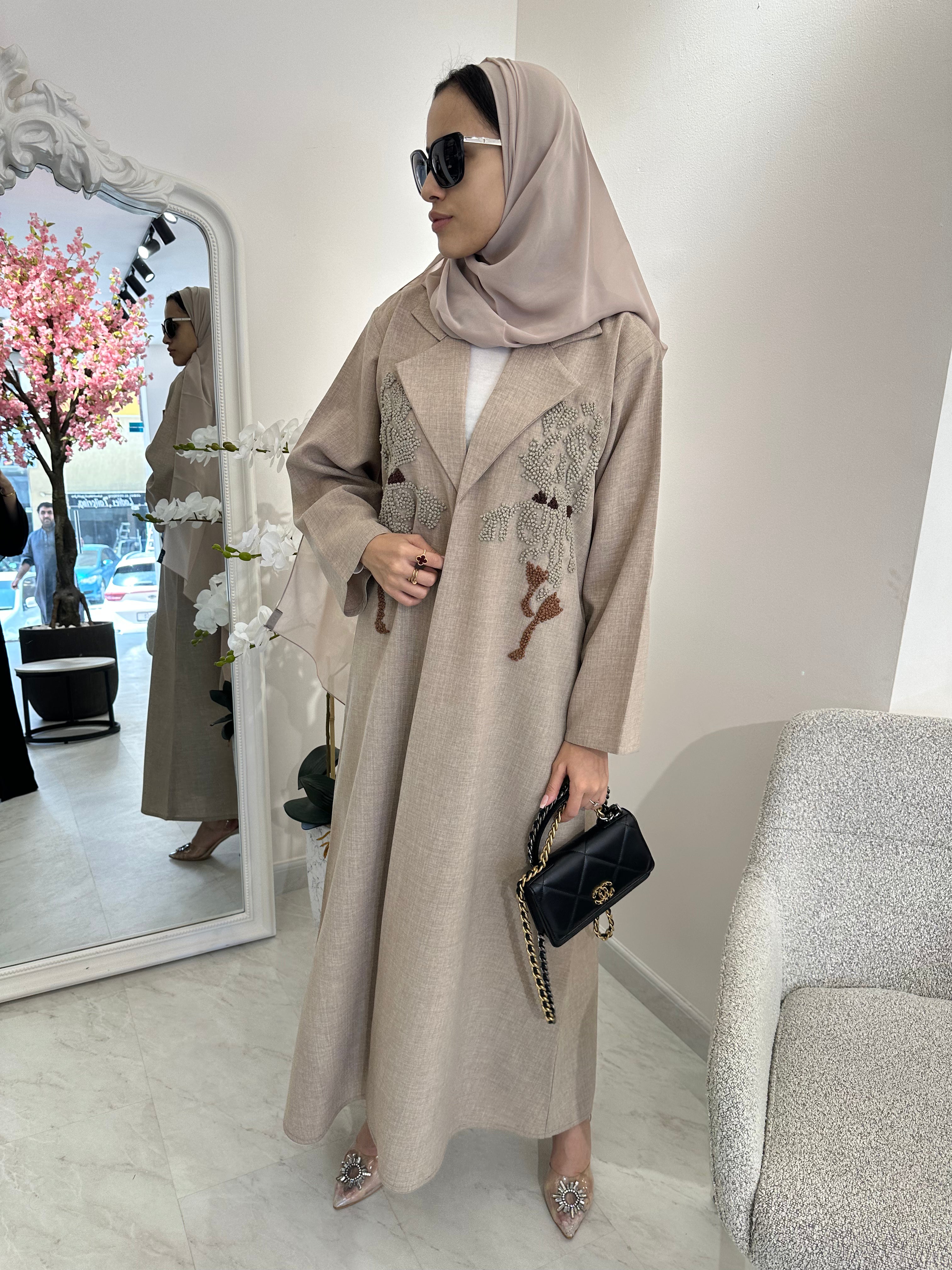 C Beige Brown Embroidery Coat Abaya
