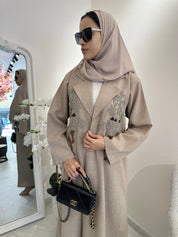C Beige Brown Embroidery Coat Abaya