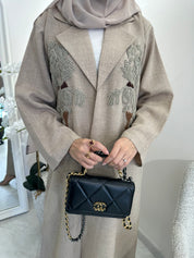 C Beige Brown Embroidery Coat Abaya