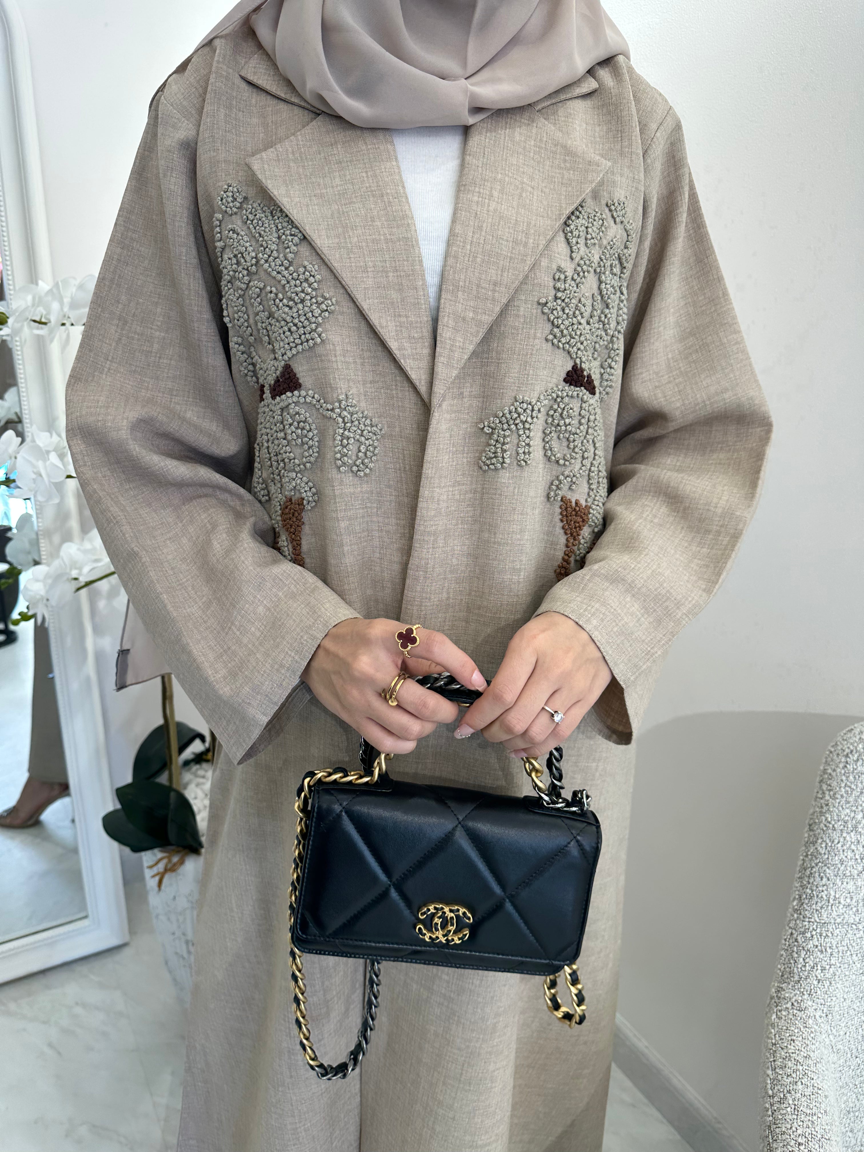 C Beige Brown Embroidery Coat Abaya