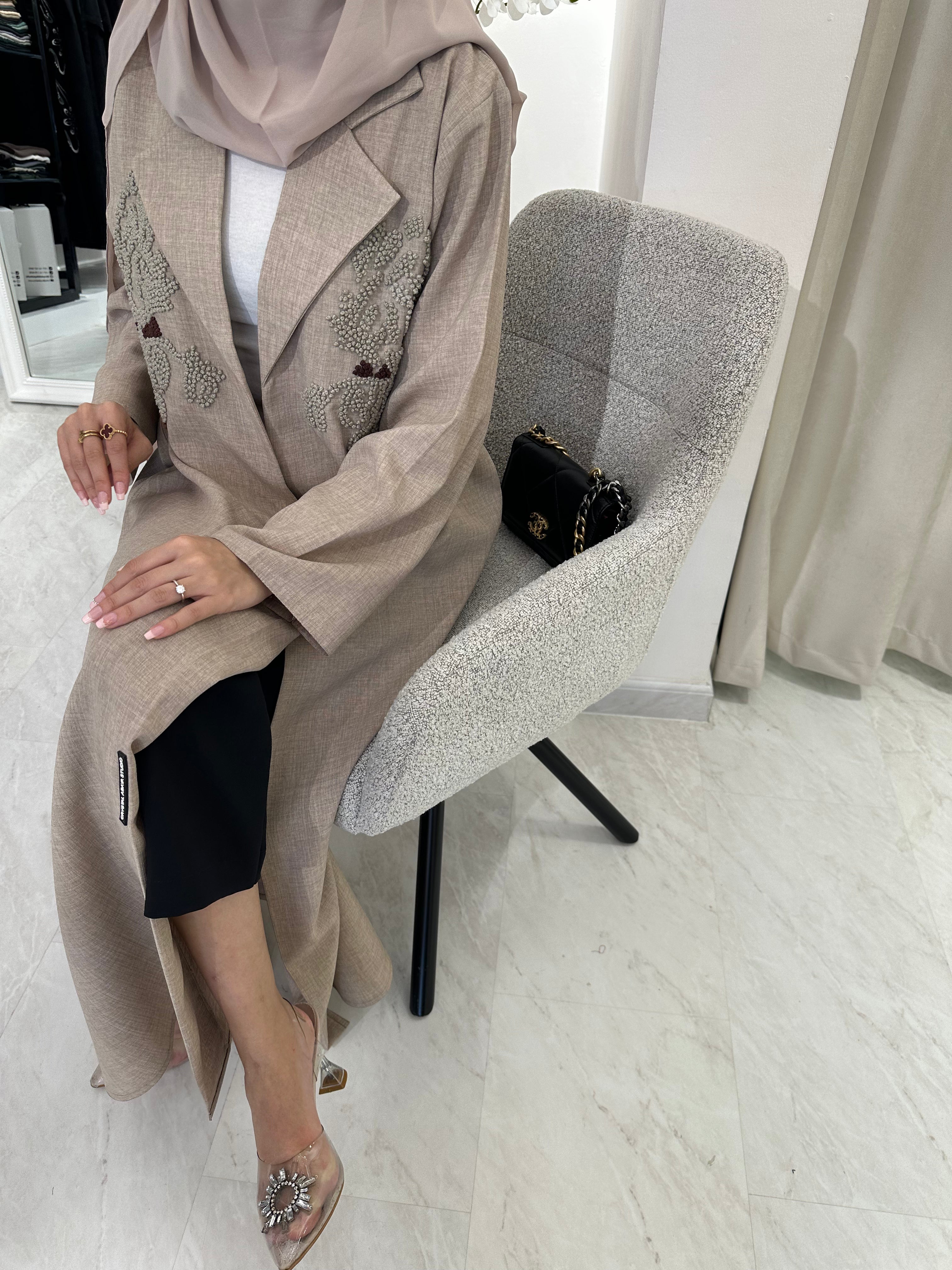 C Beige Brown Embroidery Coat Abaya