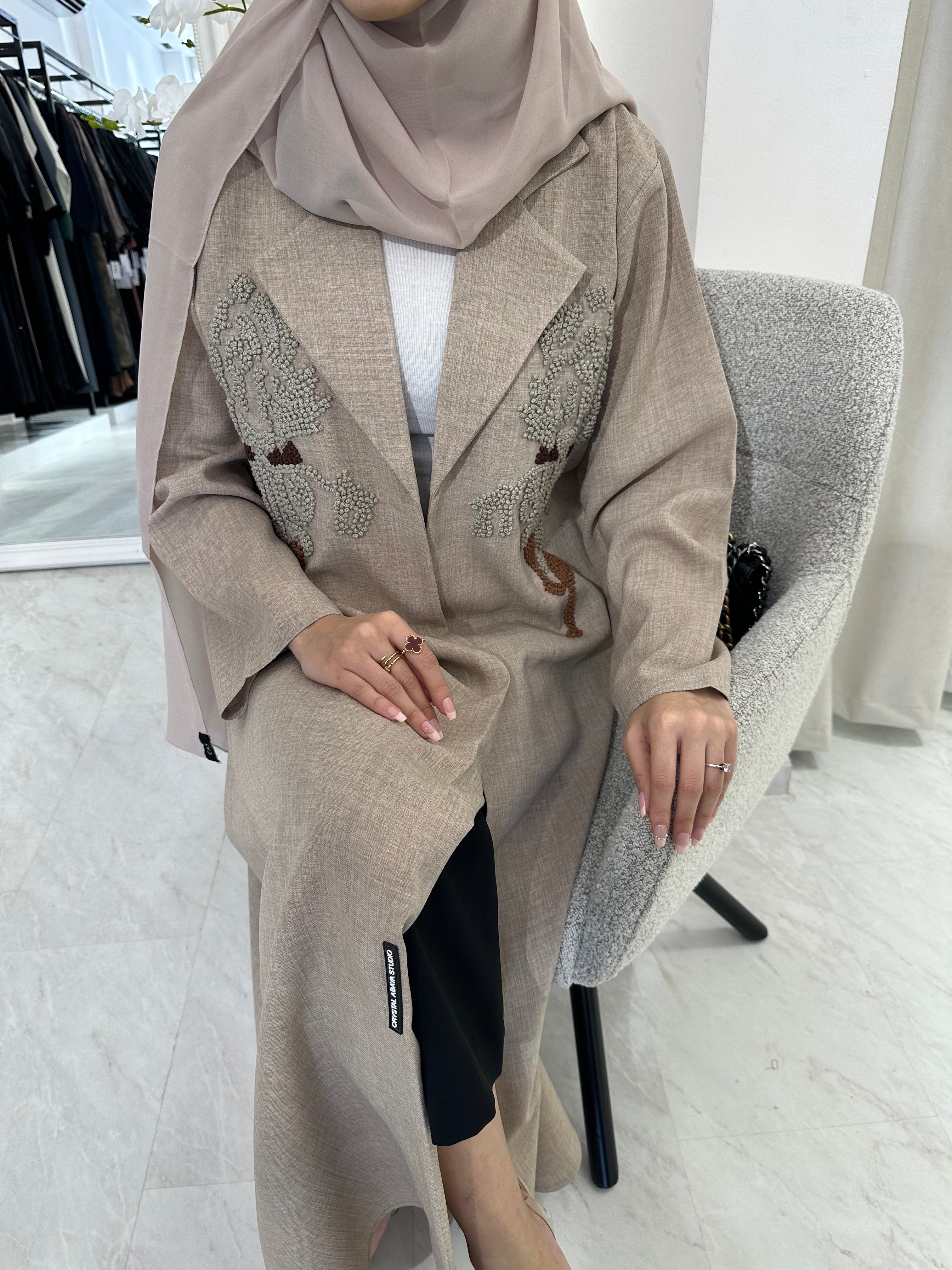 C Beige Brown Embroidery Coat Abaya