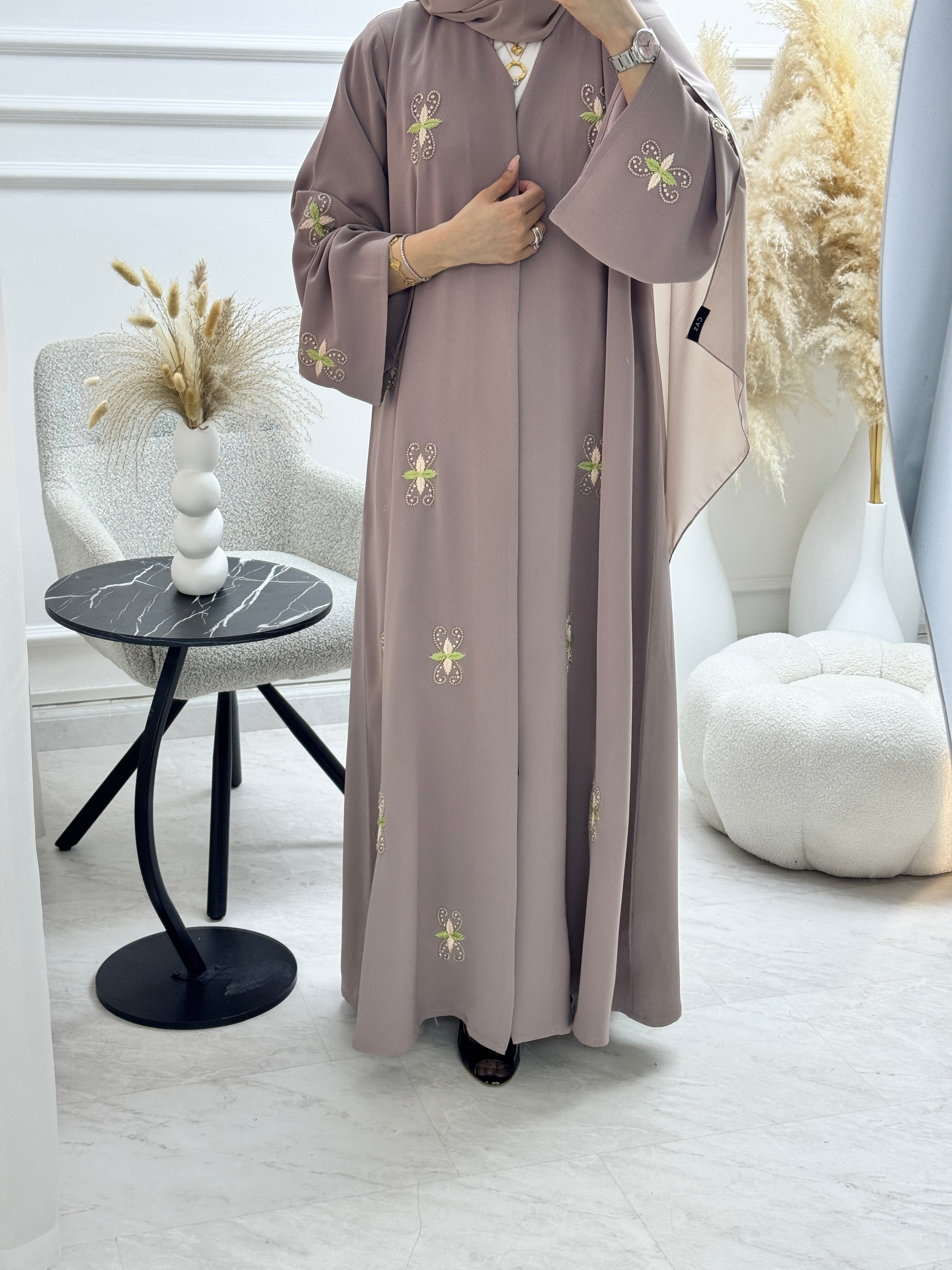 C 1327 Mauve Floral Embroidered Abaya