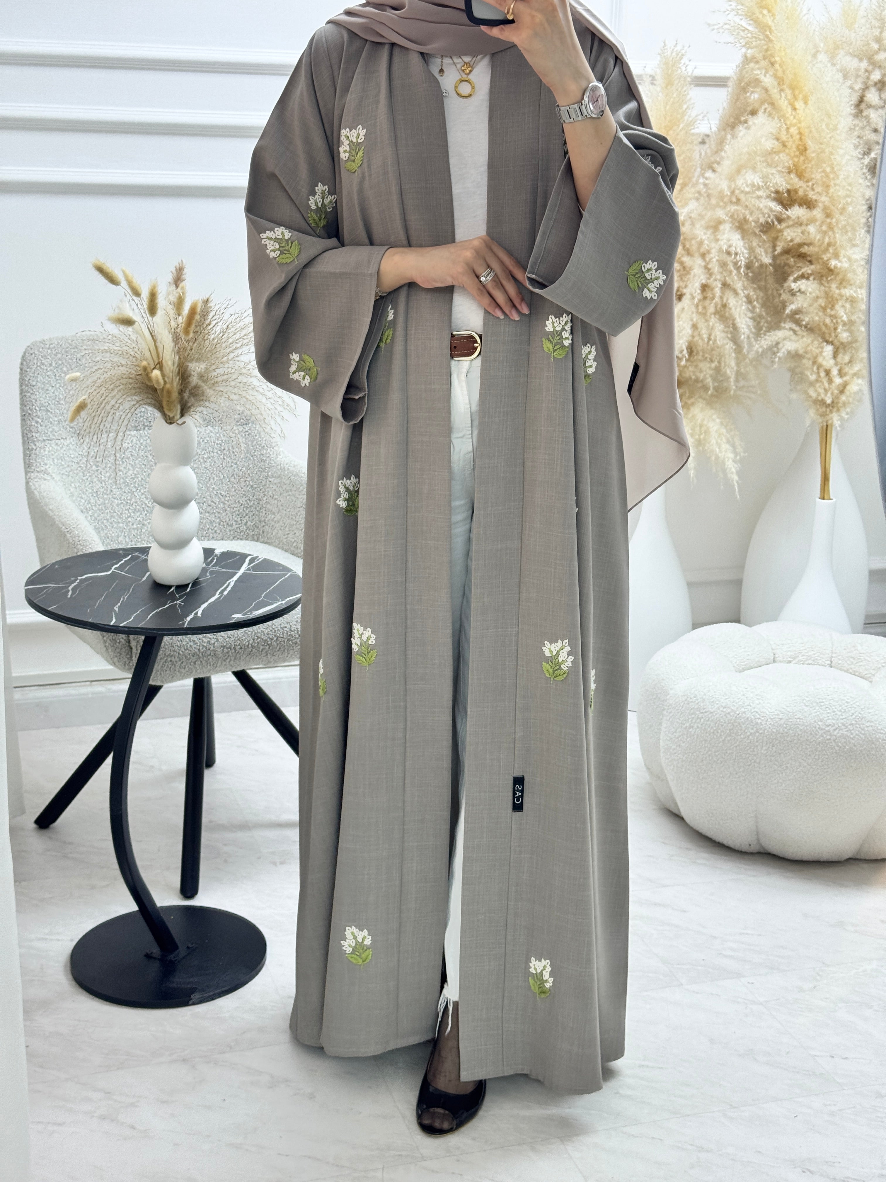 C 1328 Taupe Floral Embroidered Abaya