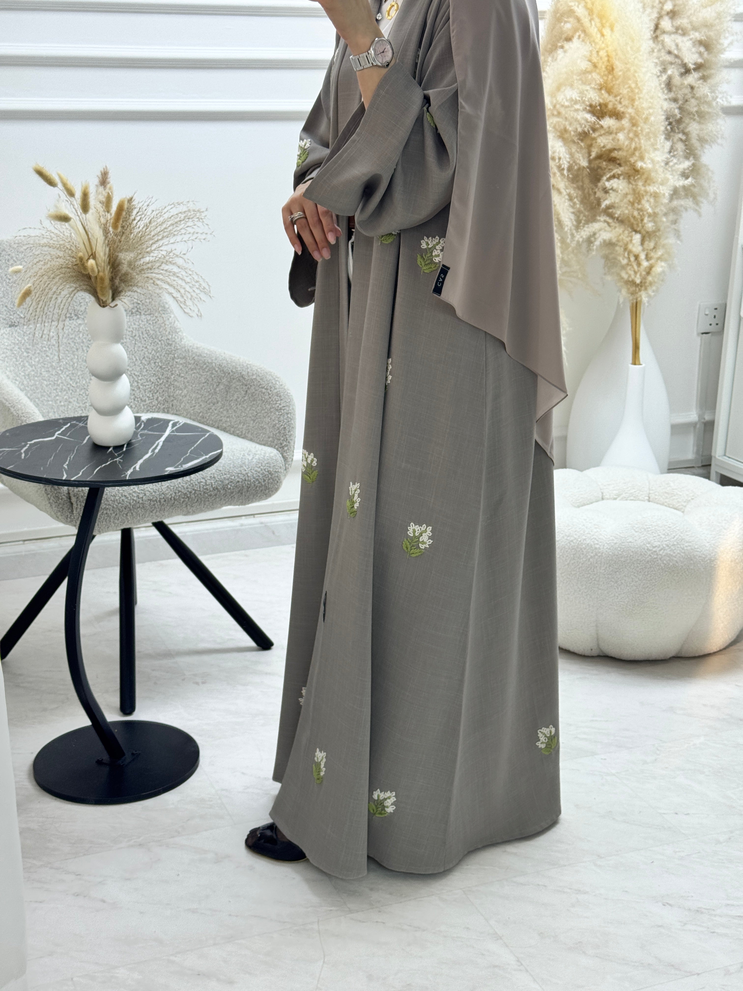 C 1328 Taupe Floral Embroidered Abaya