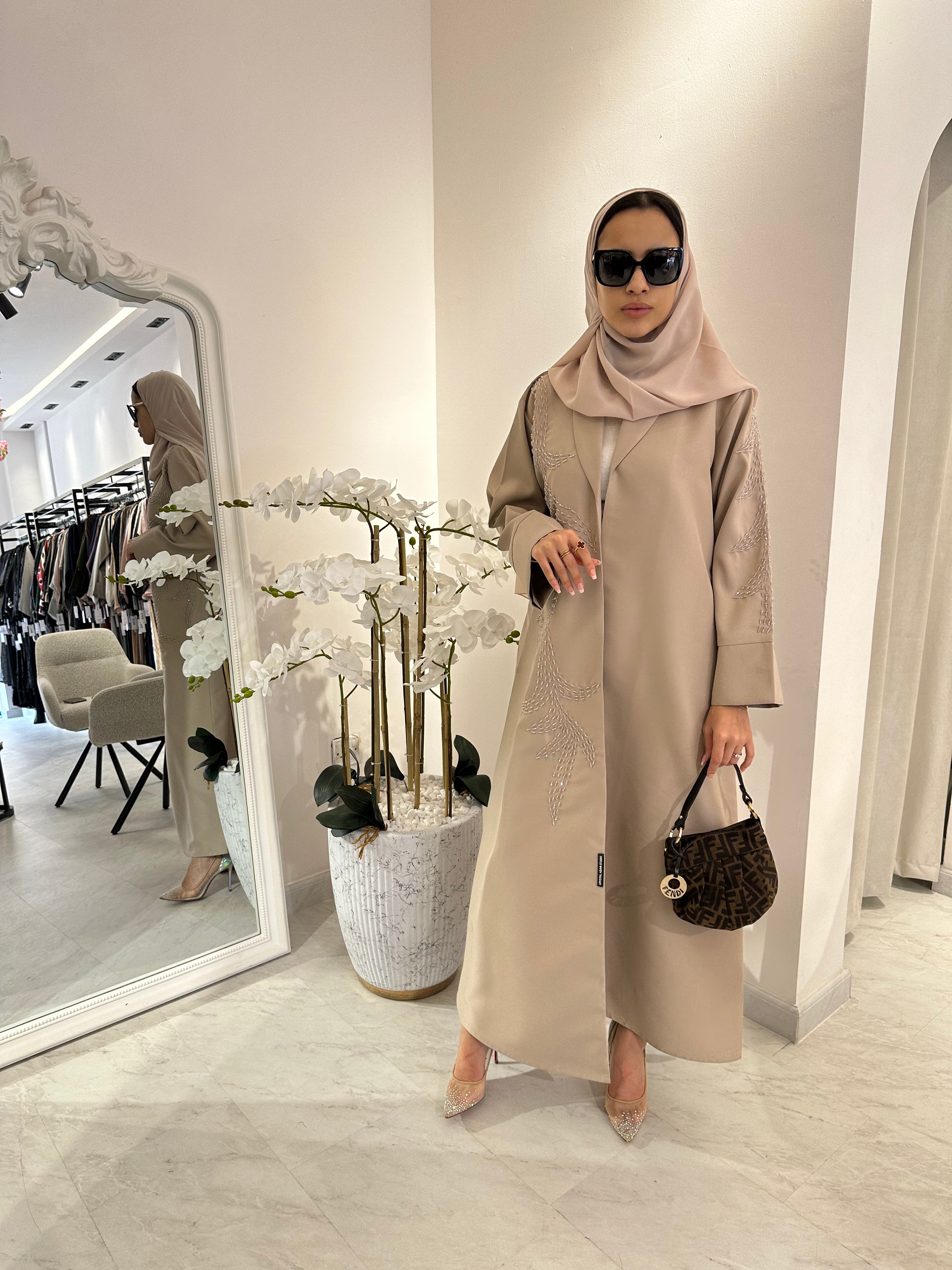 C Summer Satin Beadwork Beige Abaya