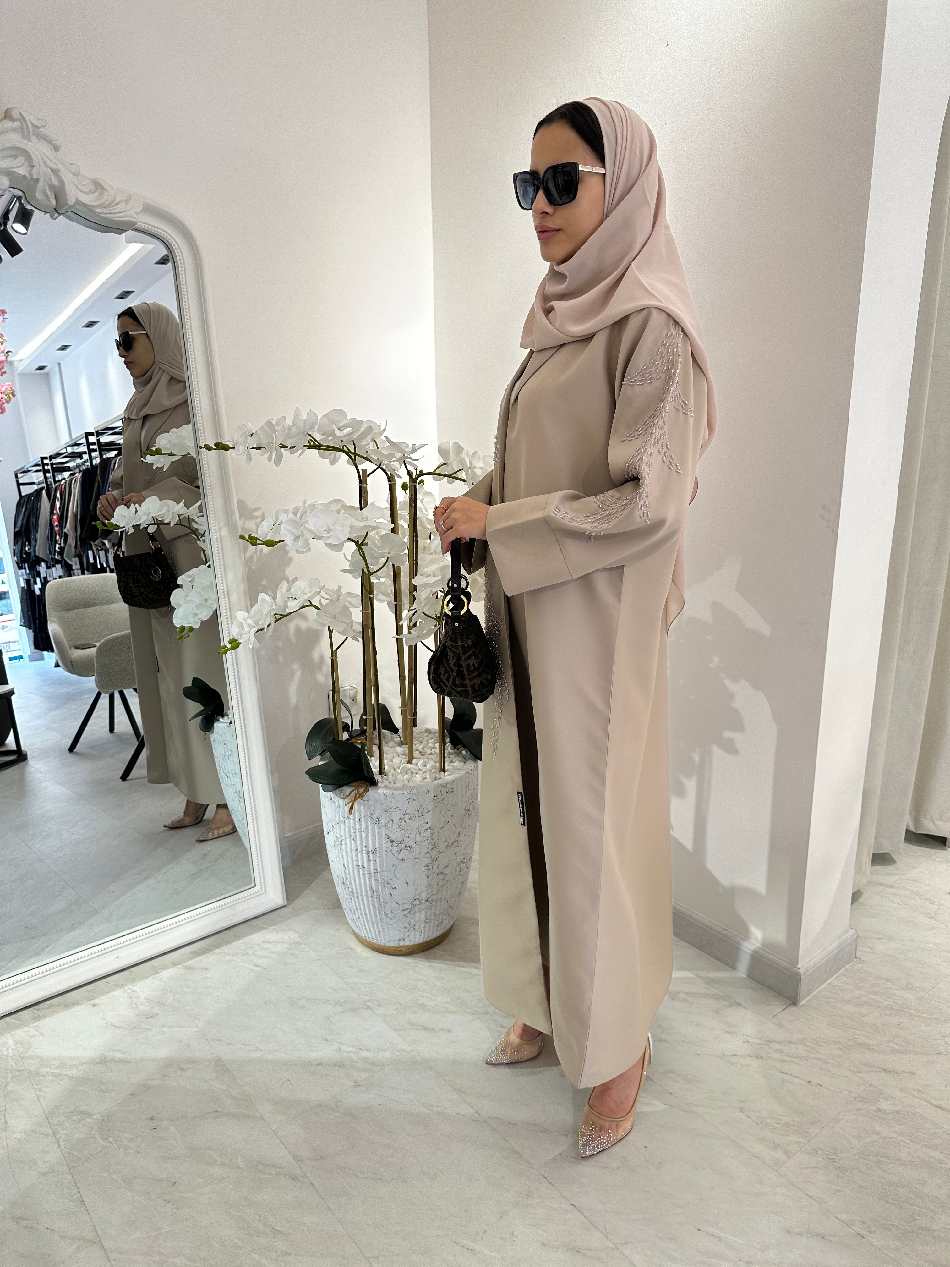 C Summer Satin Beadwork Beige Abaya
