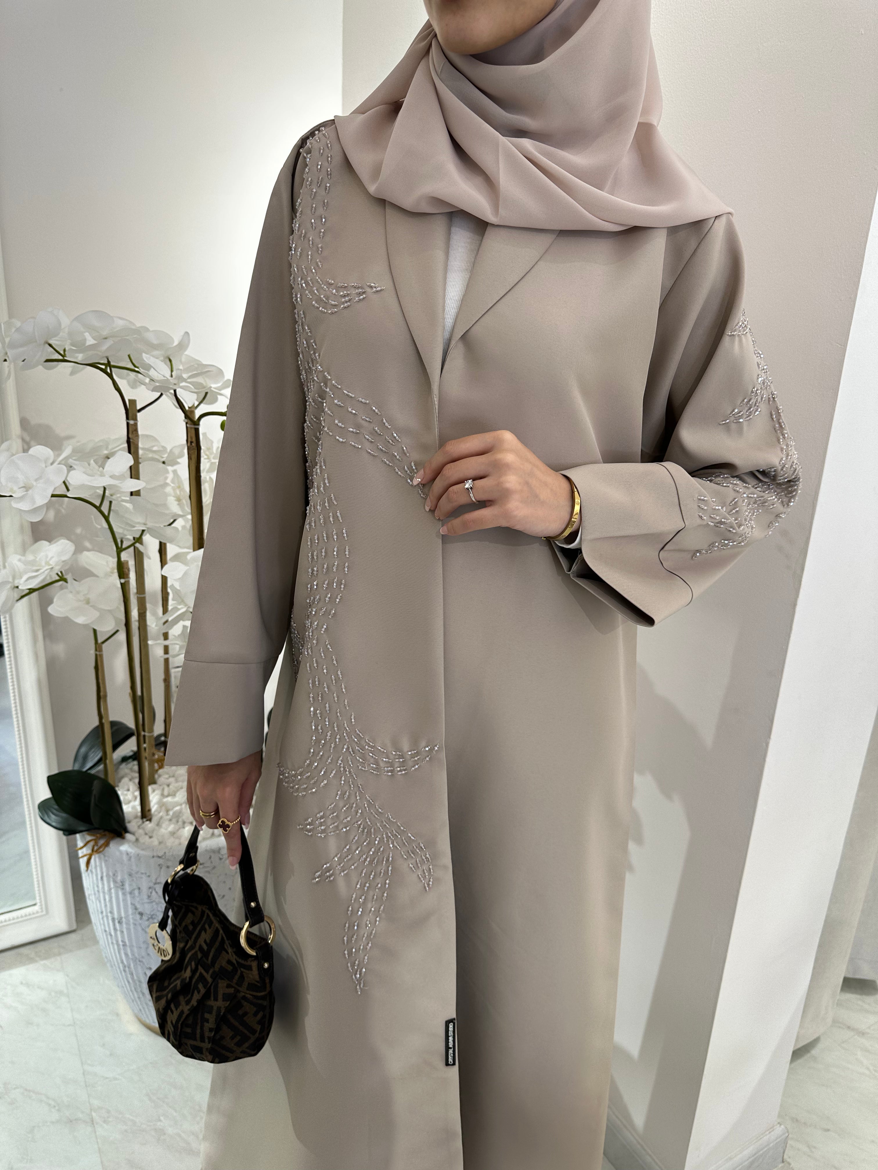 C Summer Satin Beadwork Beige Abaya