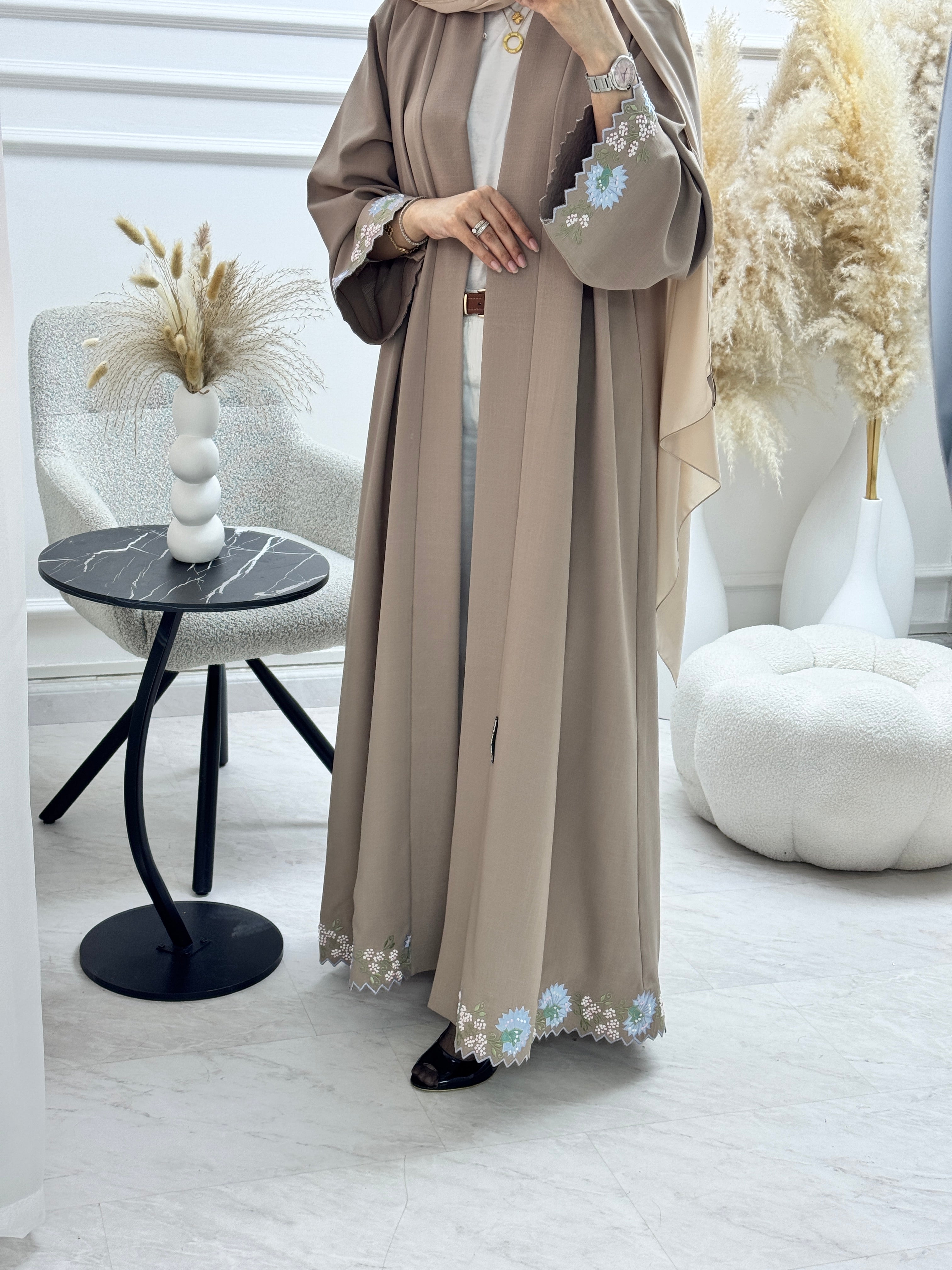 C 1329 Tan Floral Embroidered Abaya