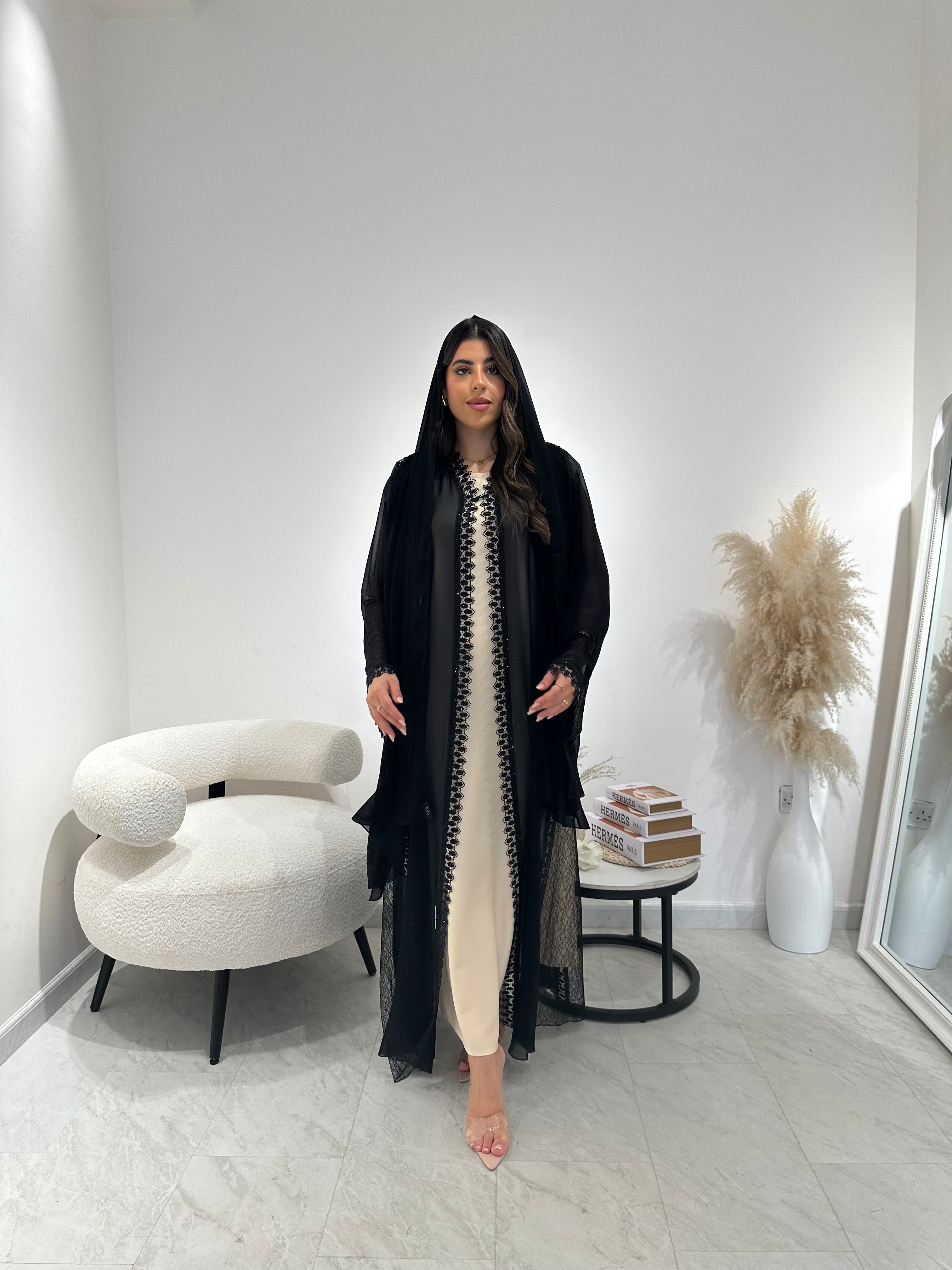 C 1307 Black Crystal Lace Abaya