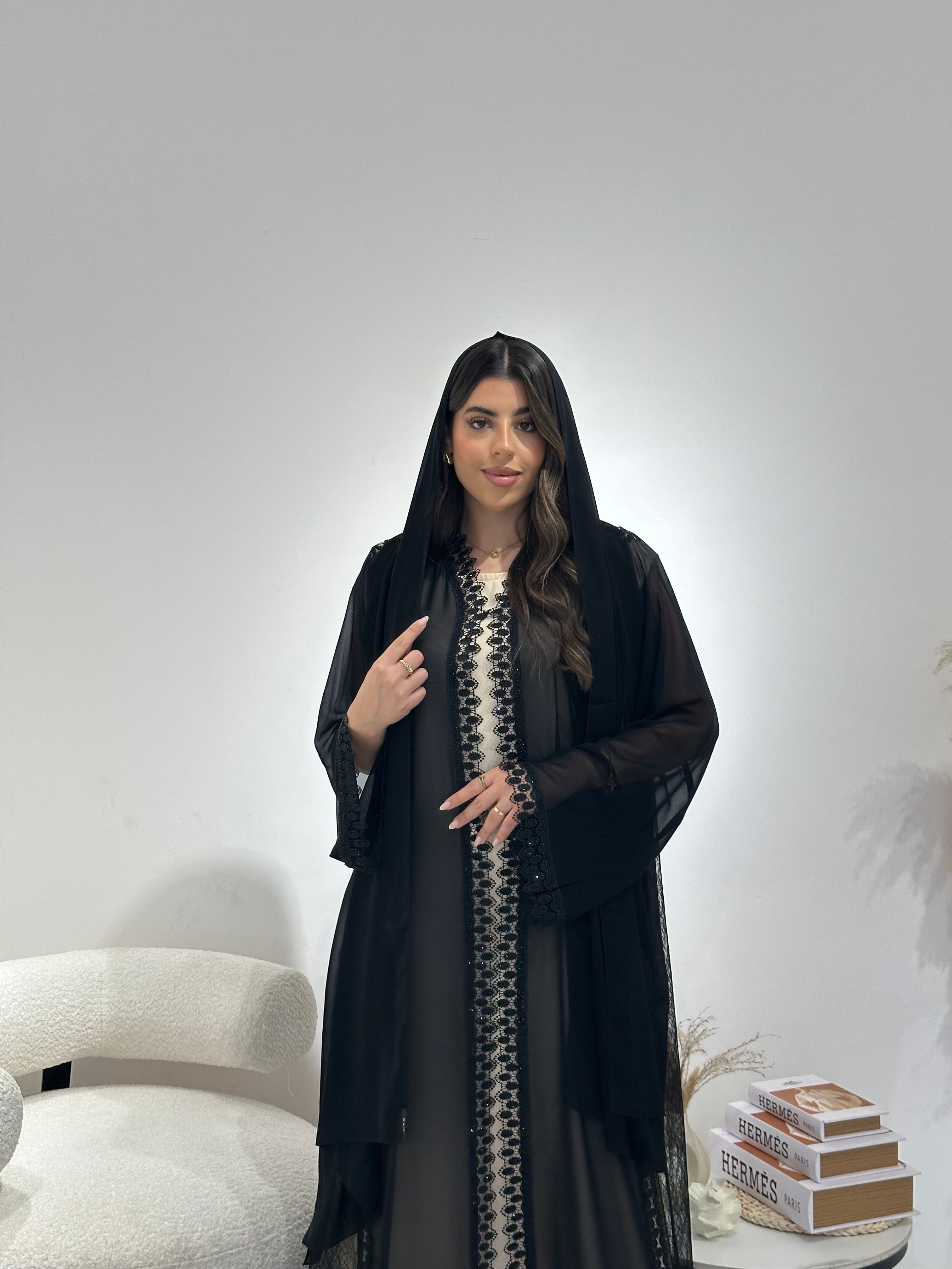 C 1307 Black Crystal Lace Abaya