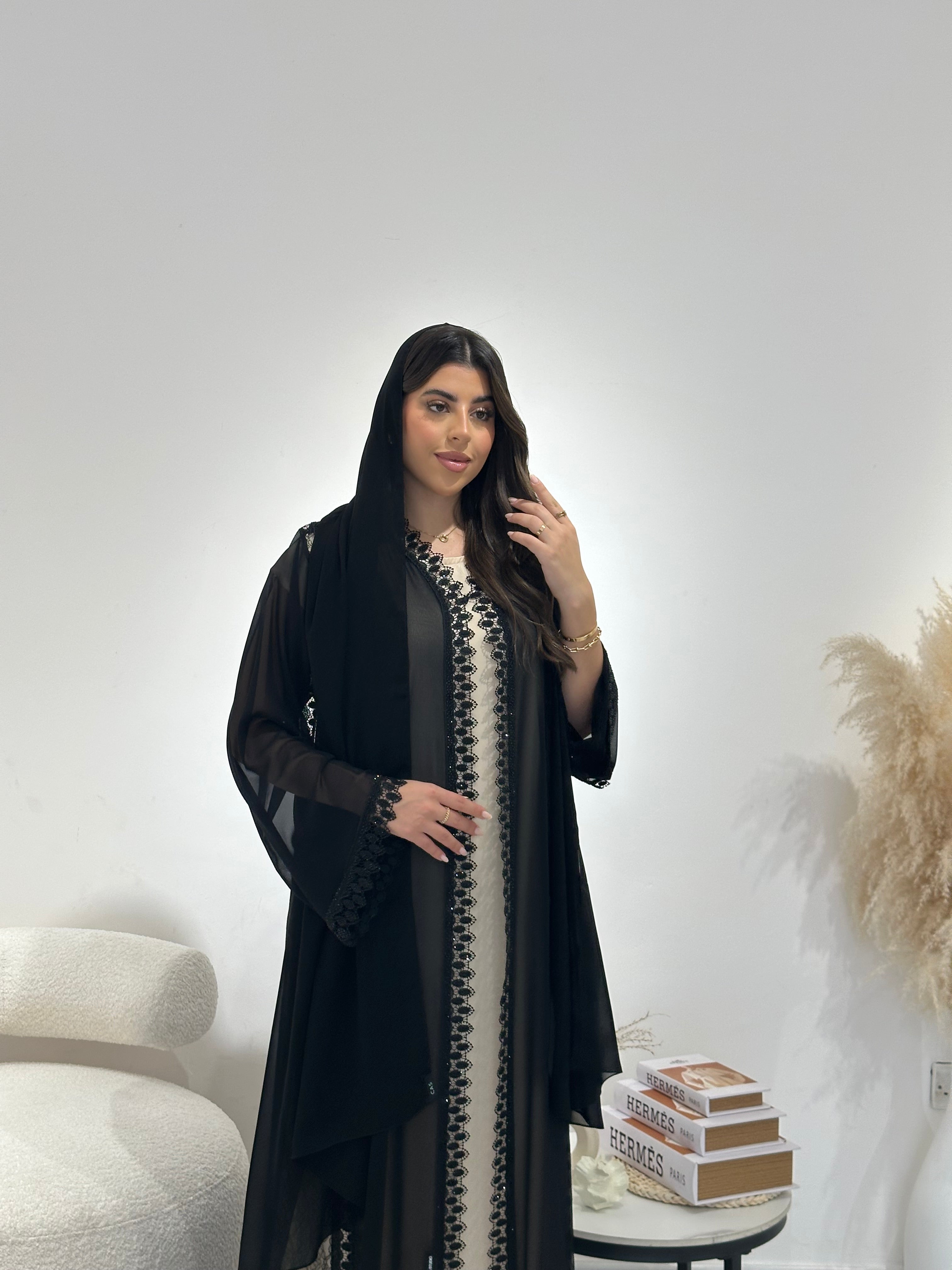 C 1307 Black Crystal Lace Abaya