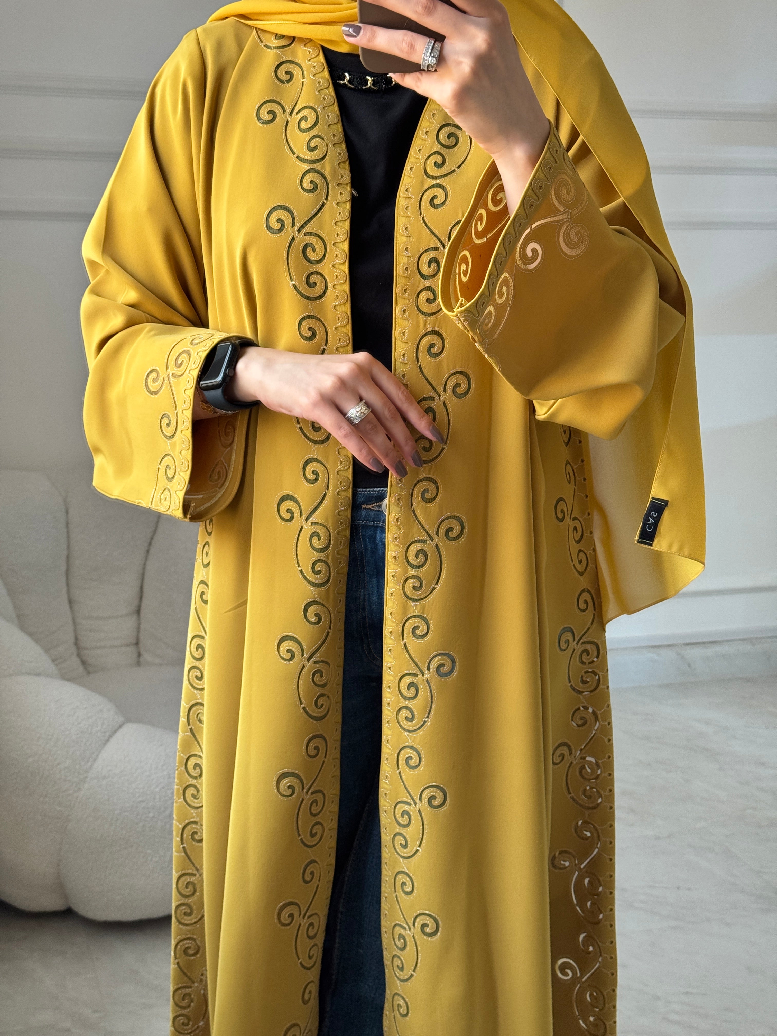 C 1456 Mustard Lasercut Abaya