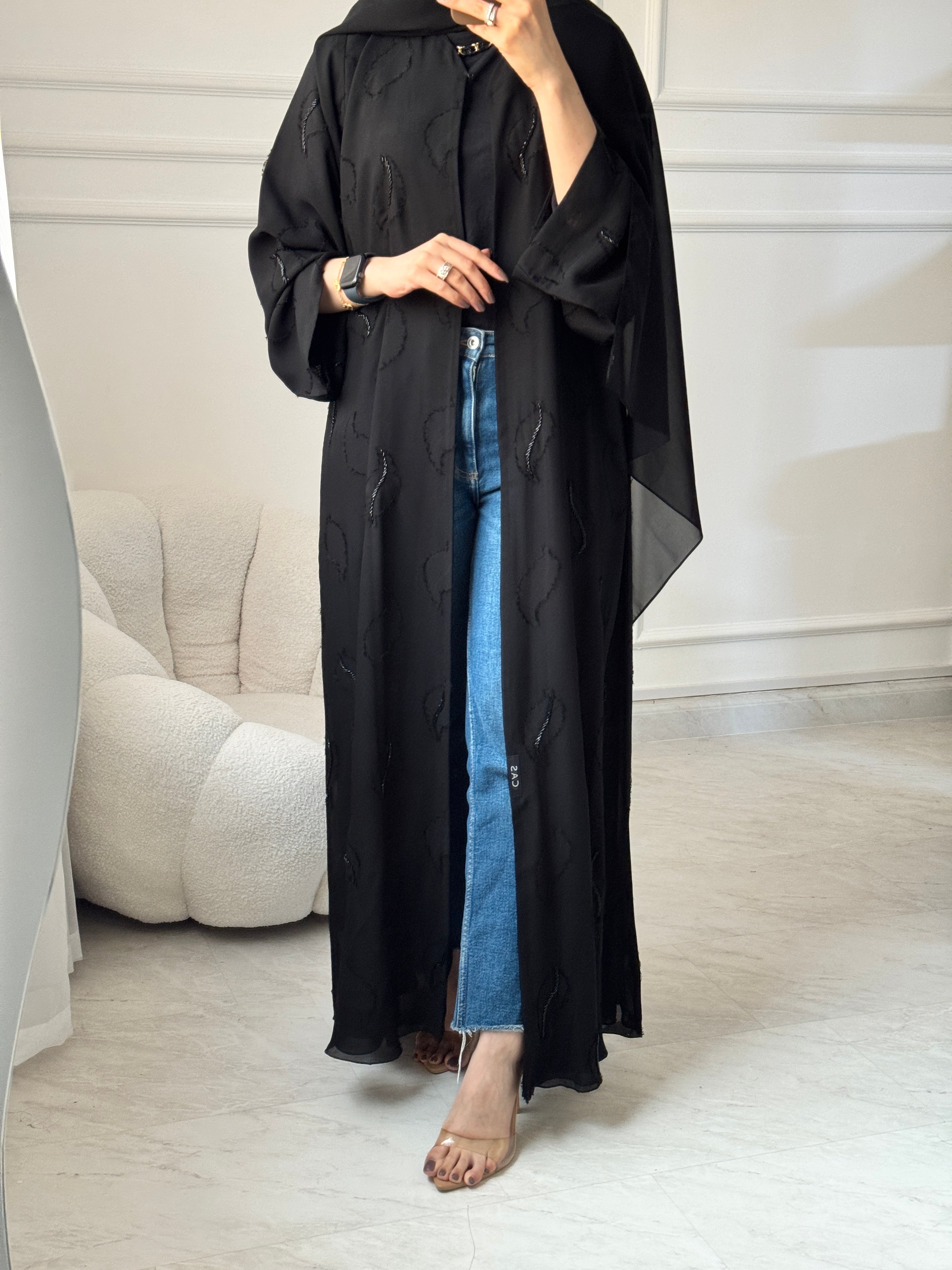 C 1460 Black Leafy Beaded Abaya