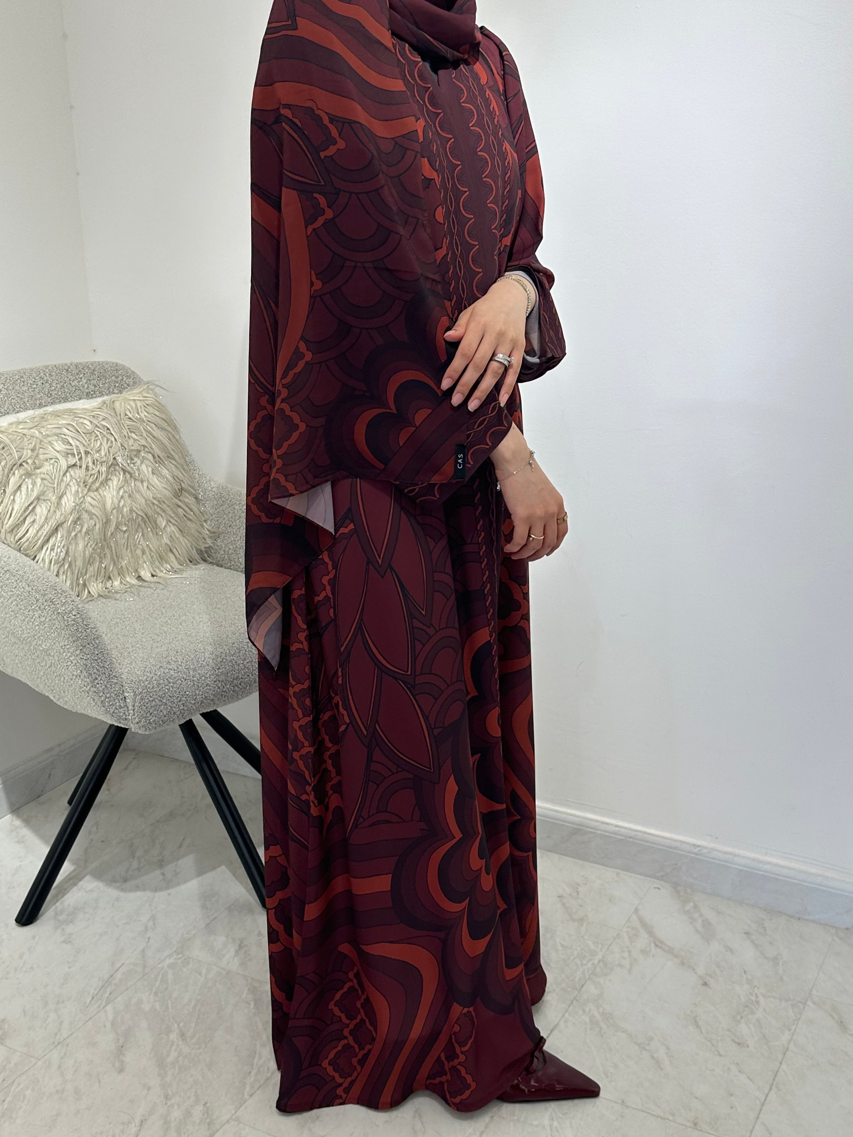 C 1546 Burgundy Printed Abaya