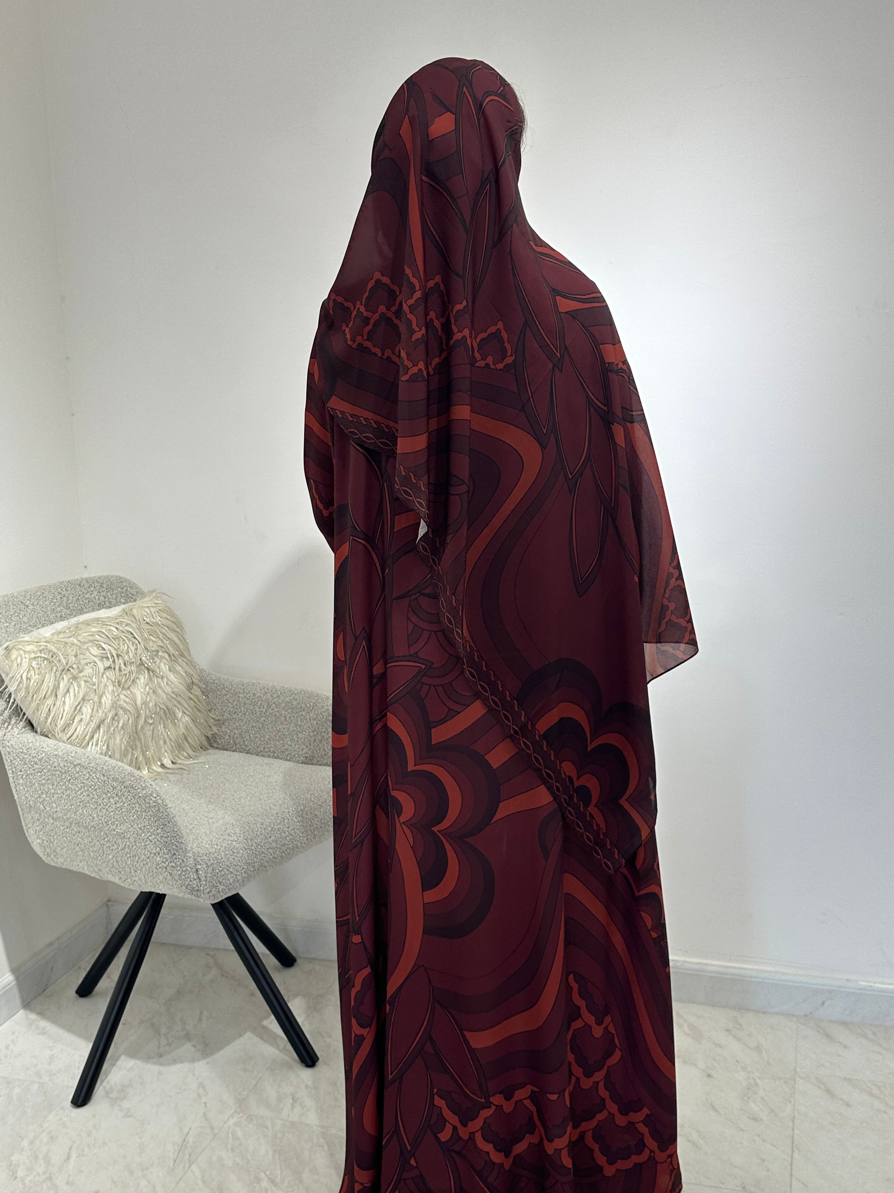 C 1546 Burgundy Printed Abaya