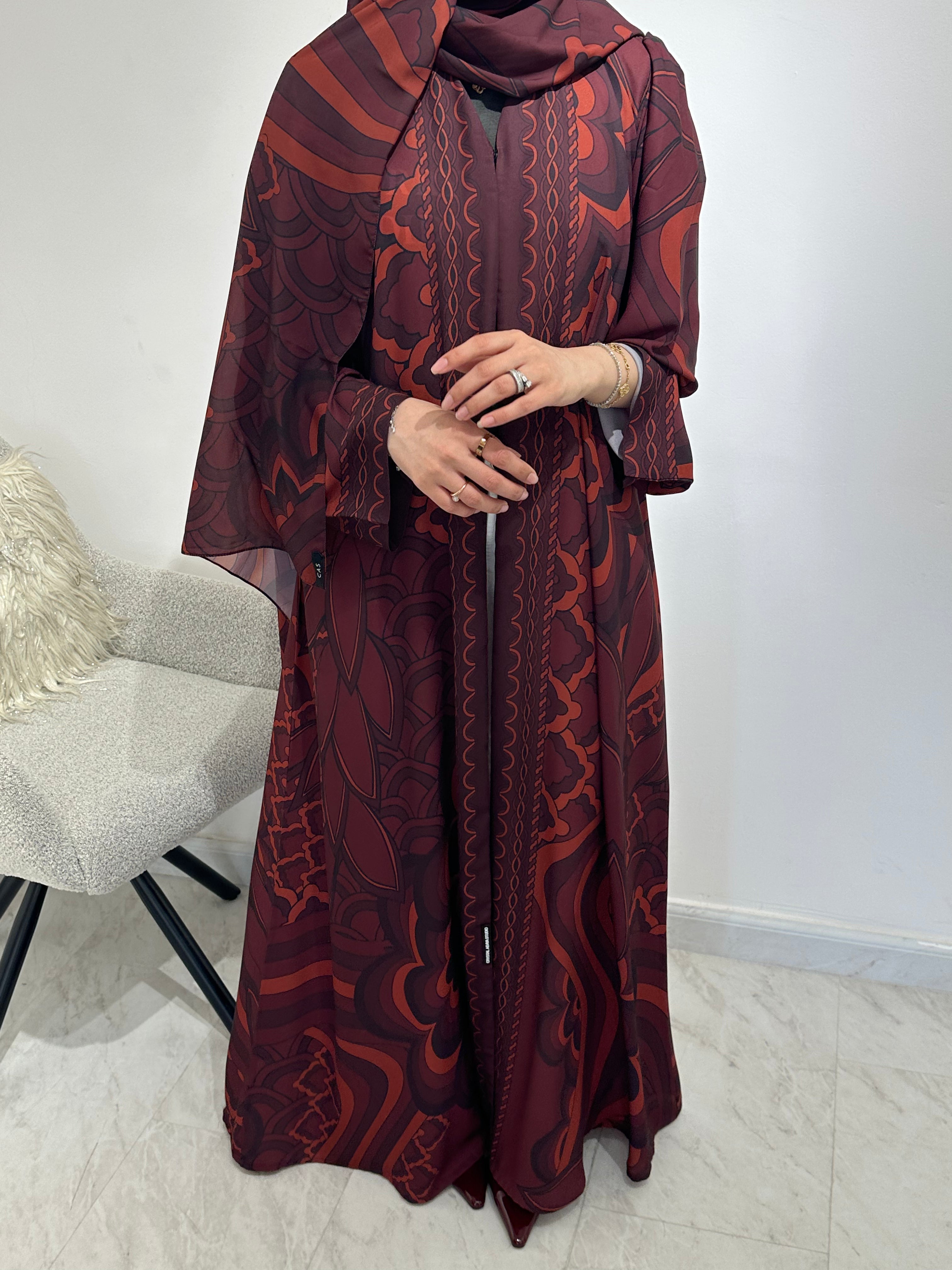 C 1546 Burgundy Printed Abaya
