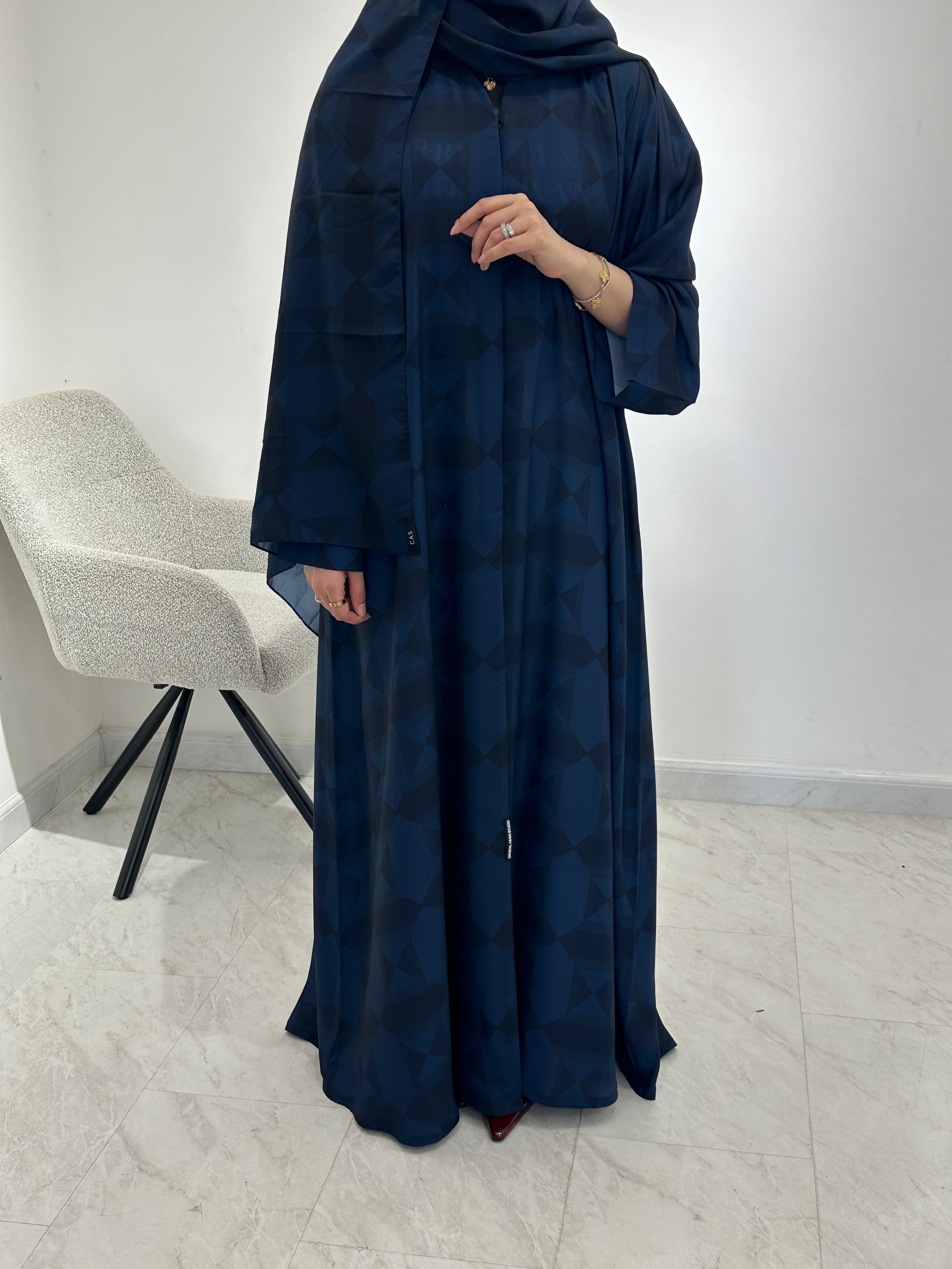 C 1548 Dark Blue Chiffon Printed Abaya
