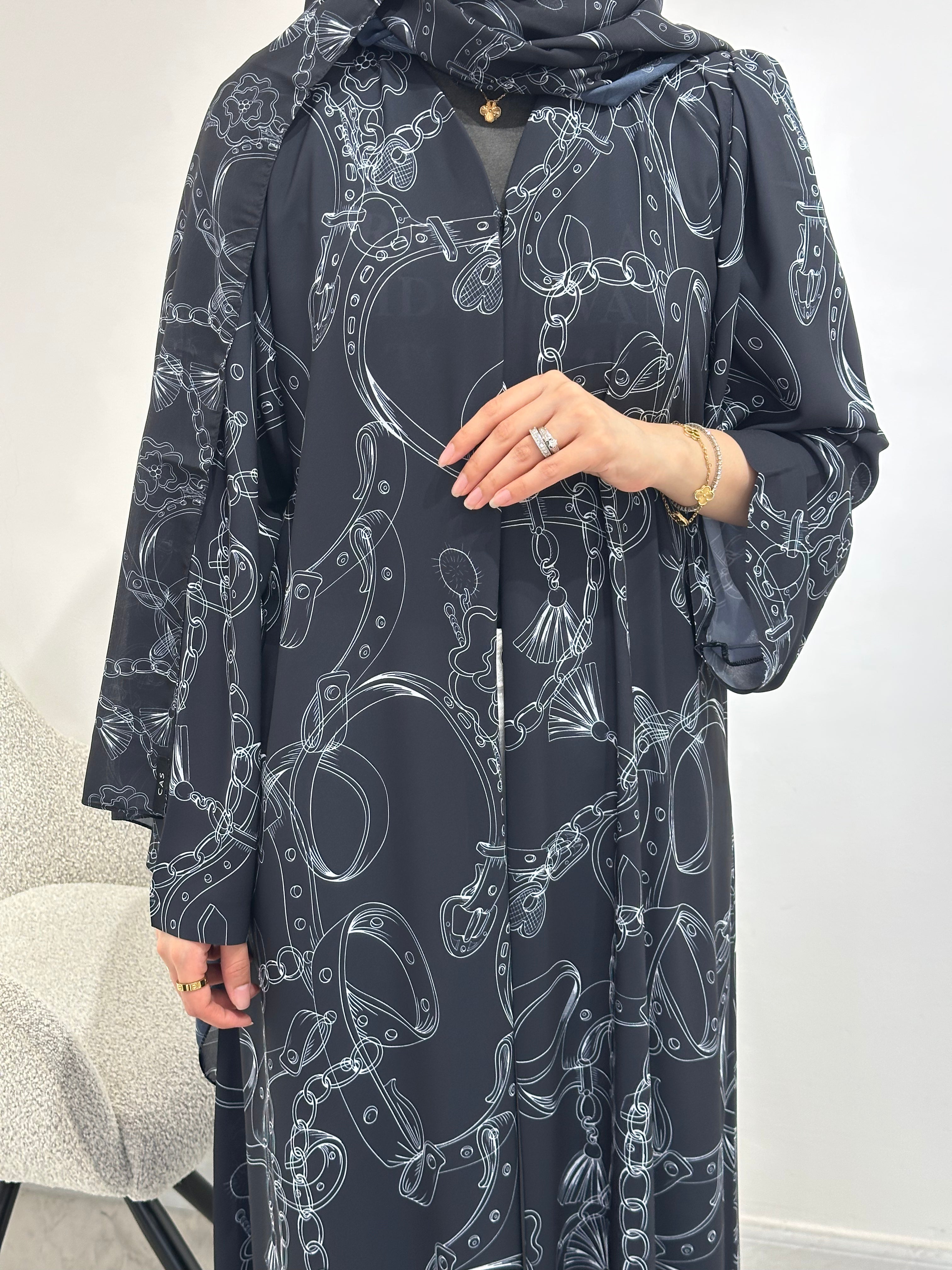 C 1549 Black Chiffon Printed Abaya