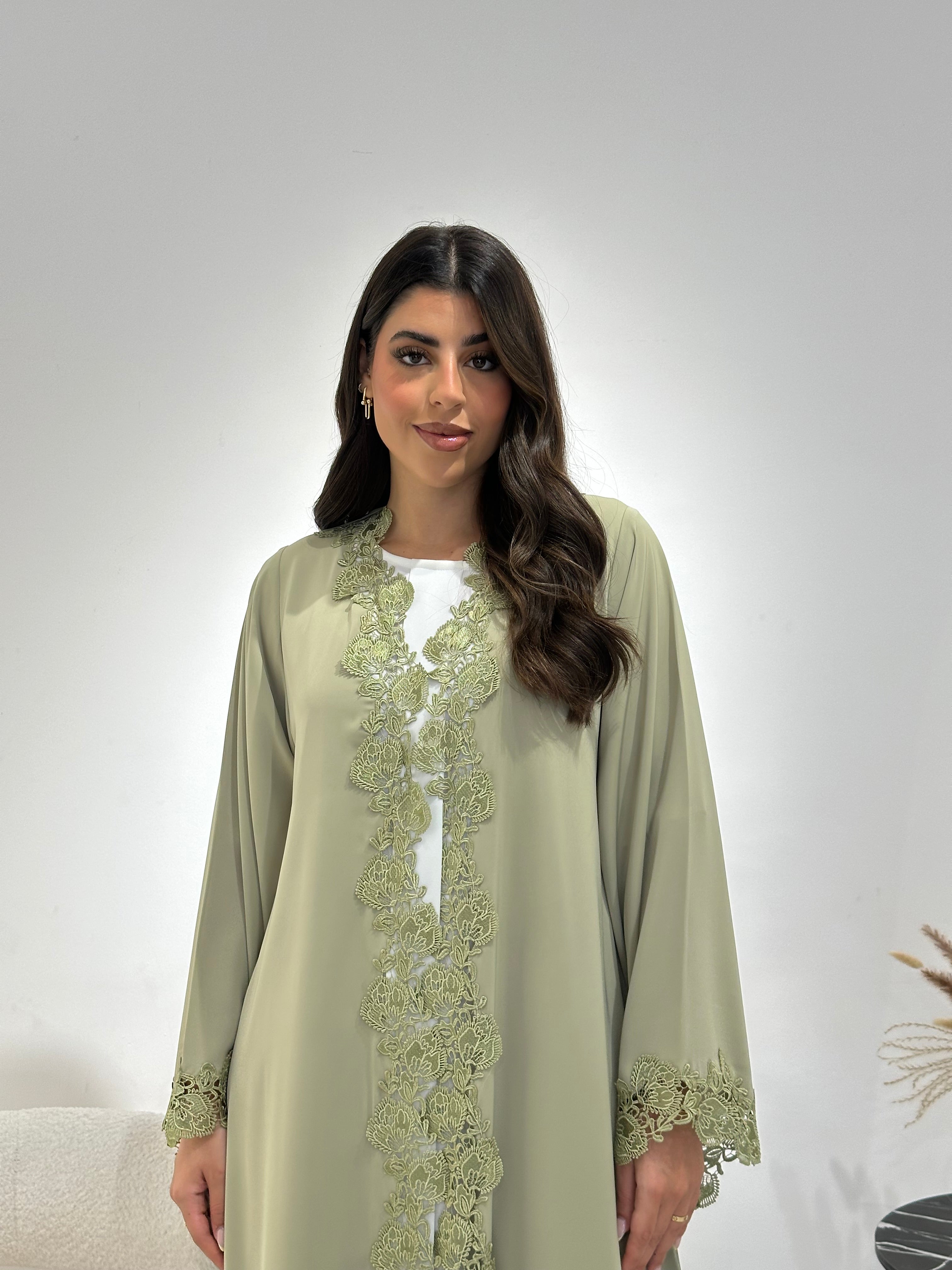 C 1337 Pistachio Green Lace Abaya