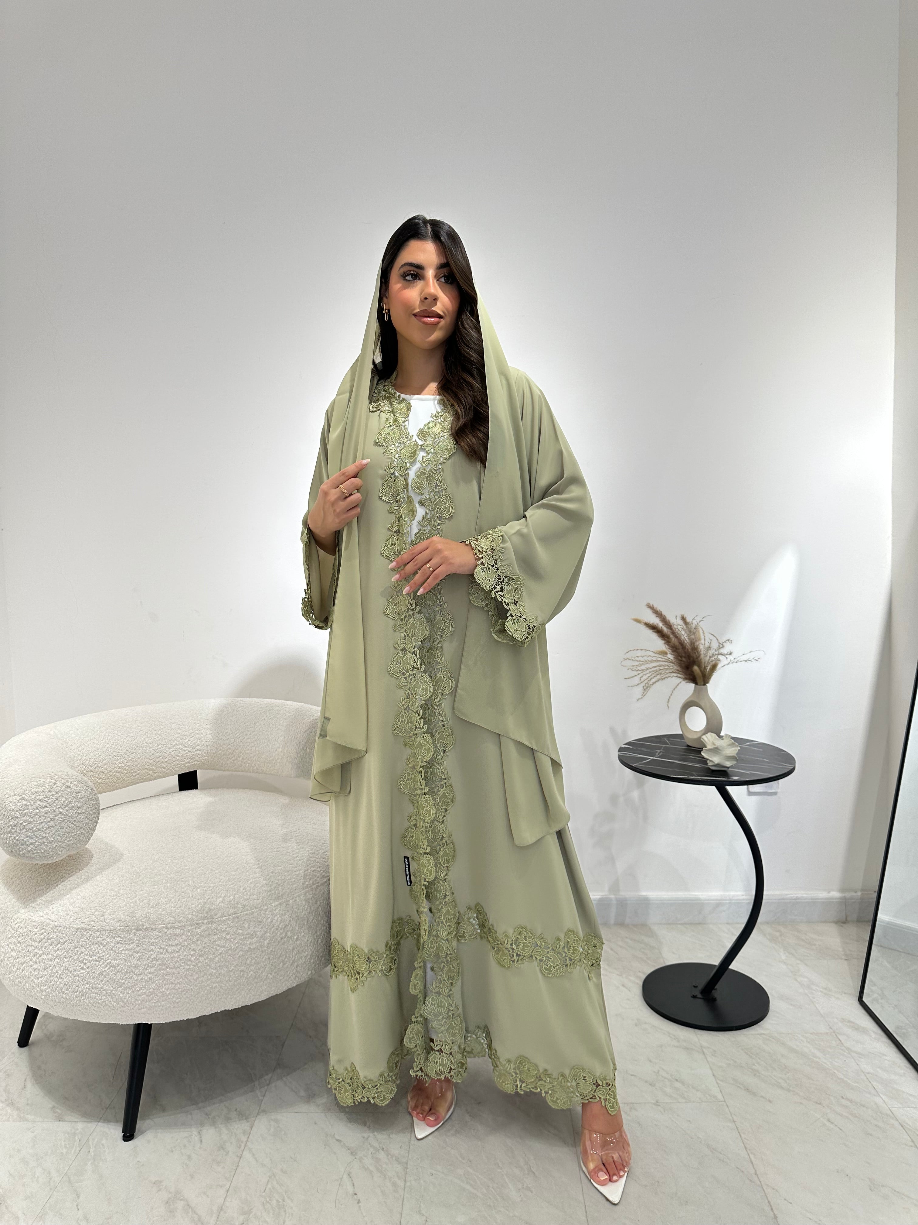 C 1337 Pistachio Green Lace Abaya