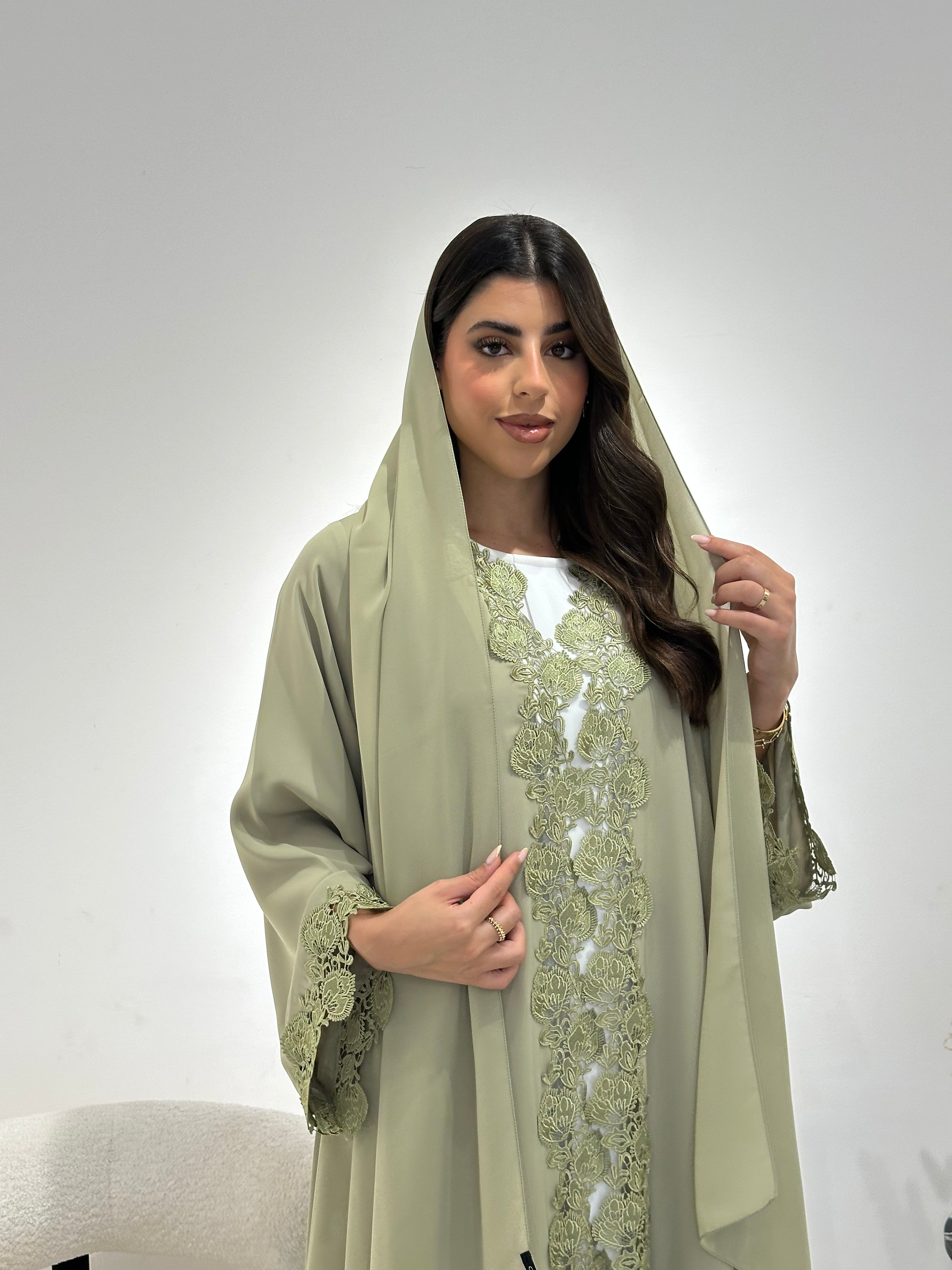 C 1337 Pistachio Green Lace Abaya