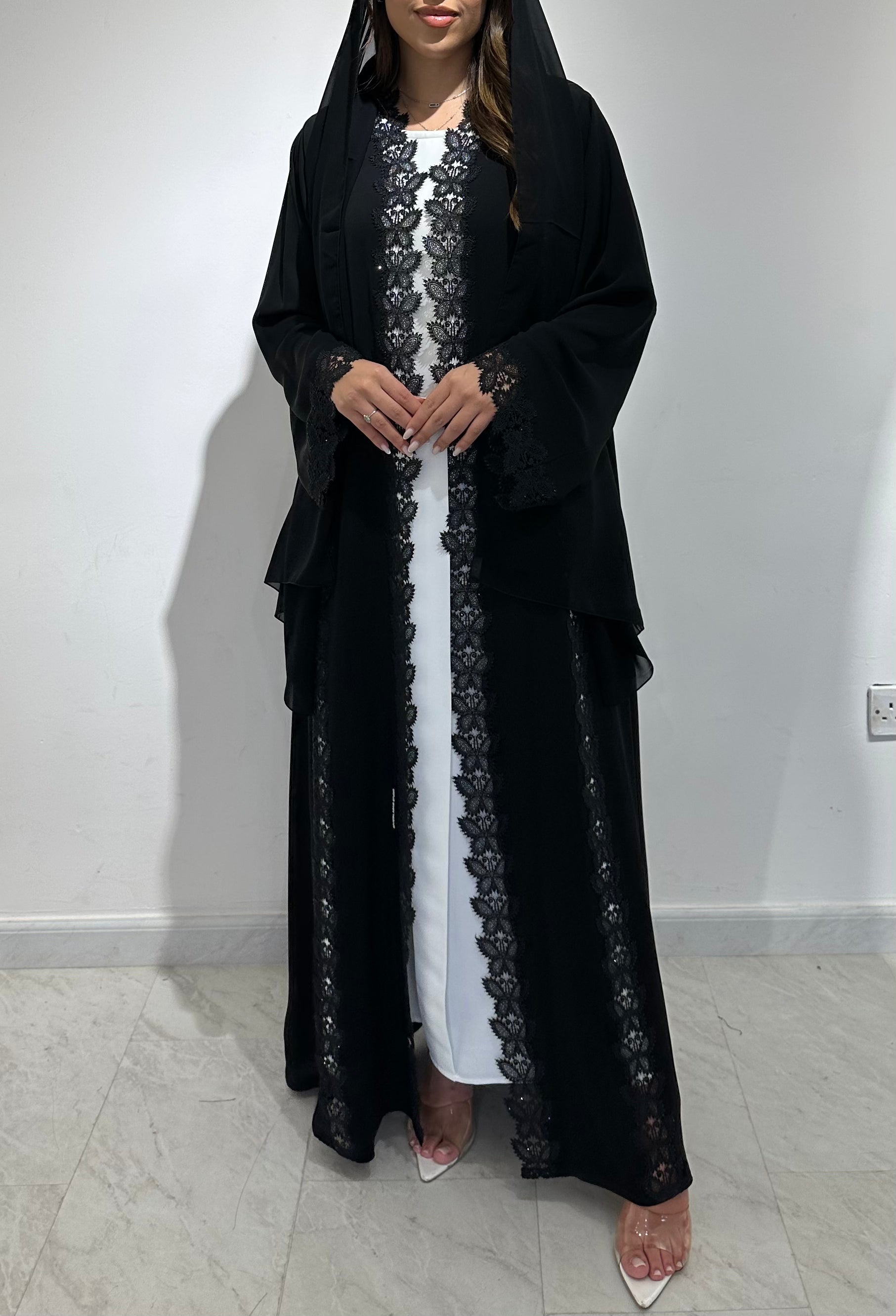 C 1573 Black Crystal Lace Abaya