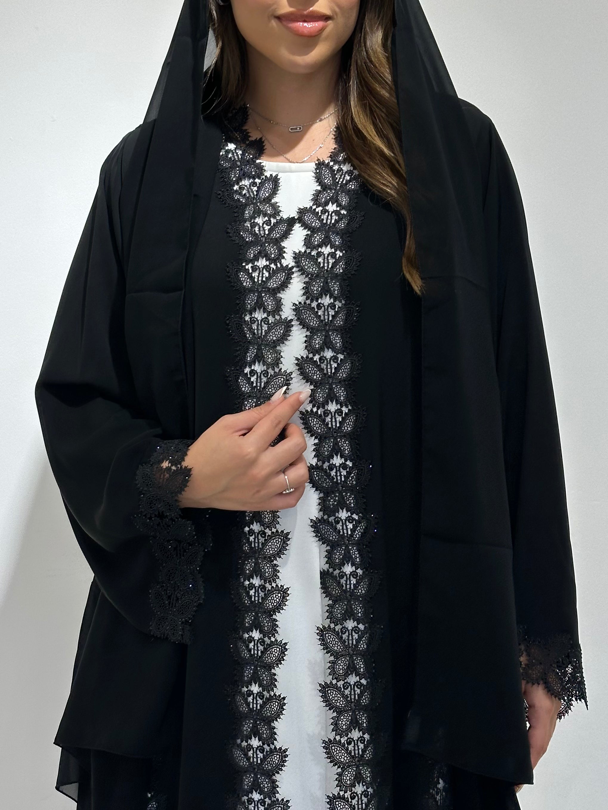 C 1573 Black Crystal Lace Abaya