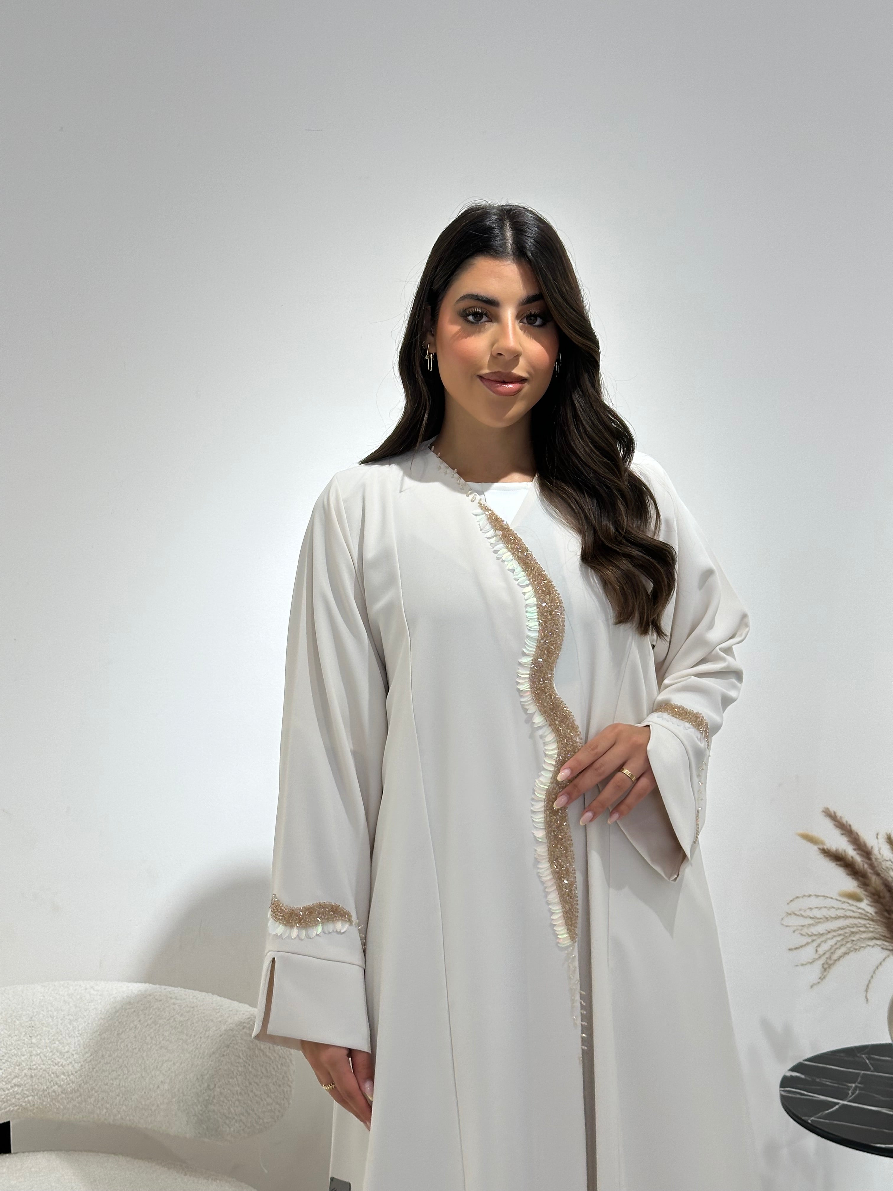 C 1343 Ivory Beaded Abaya