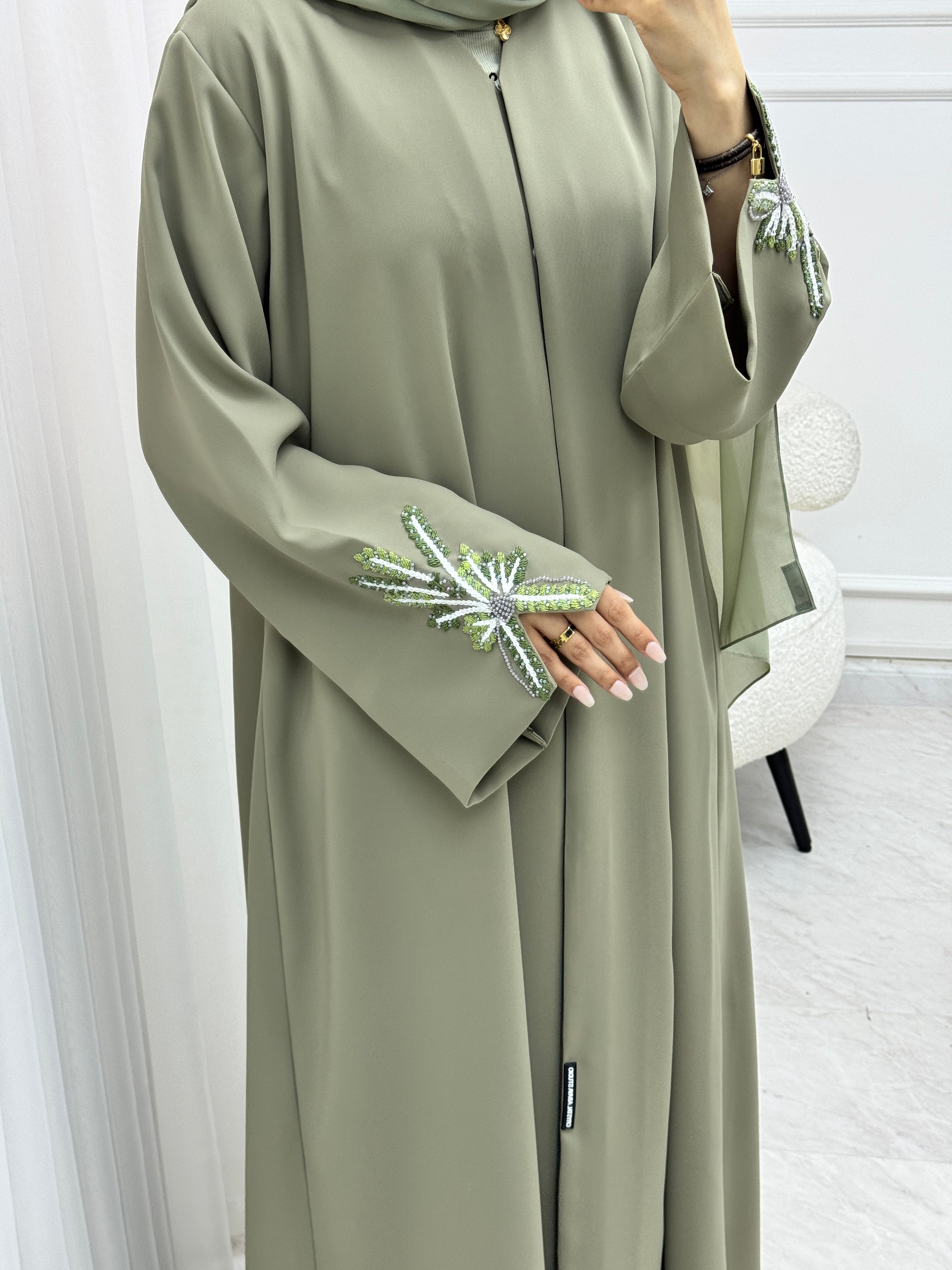 C 1514-02 Fern Green Embroidered Beaded Abaya