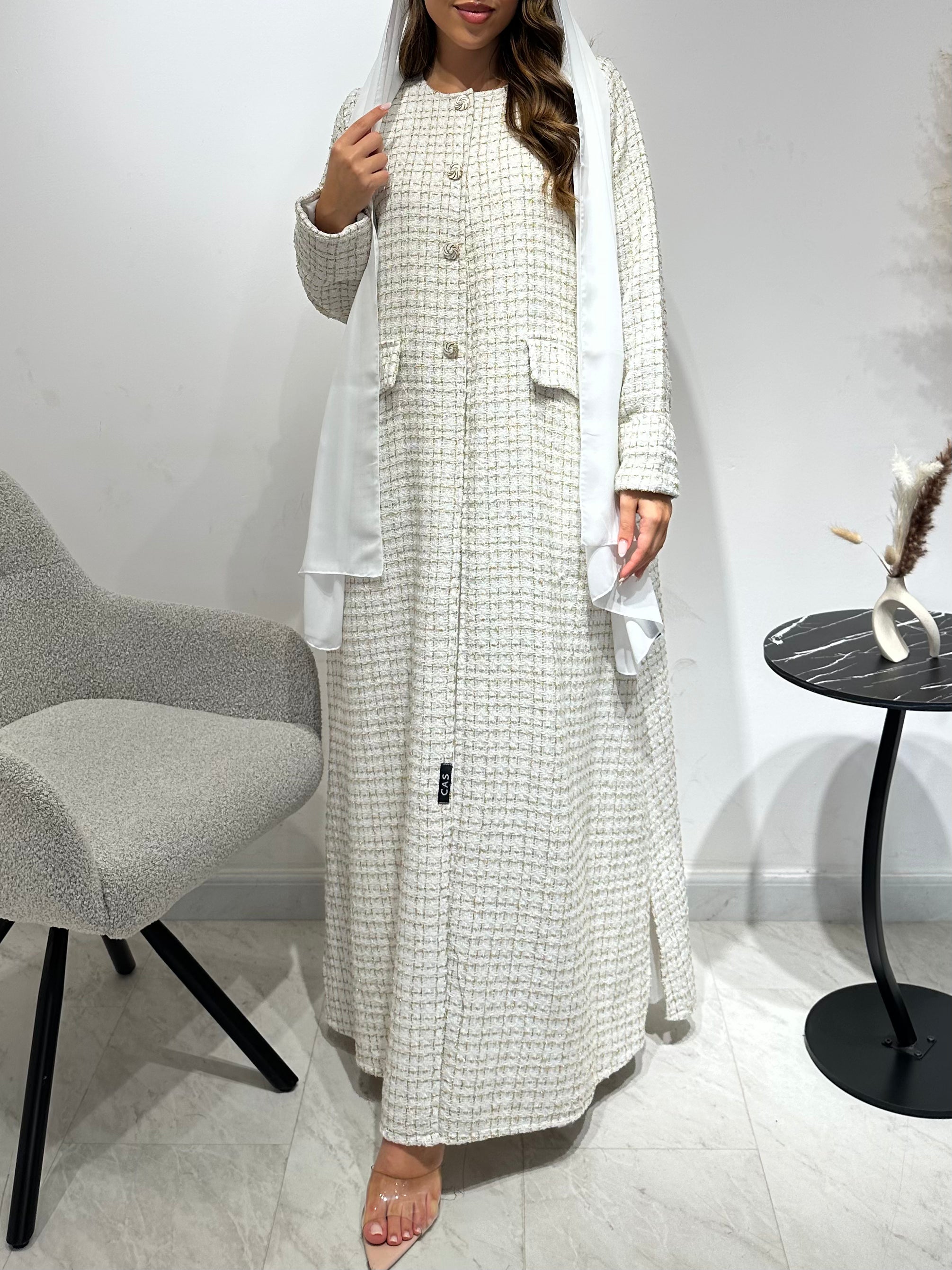 C 1586 White Tweed Abaya