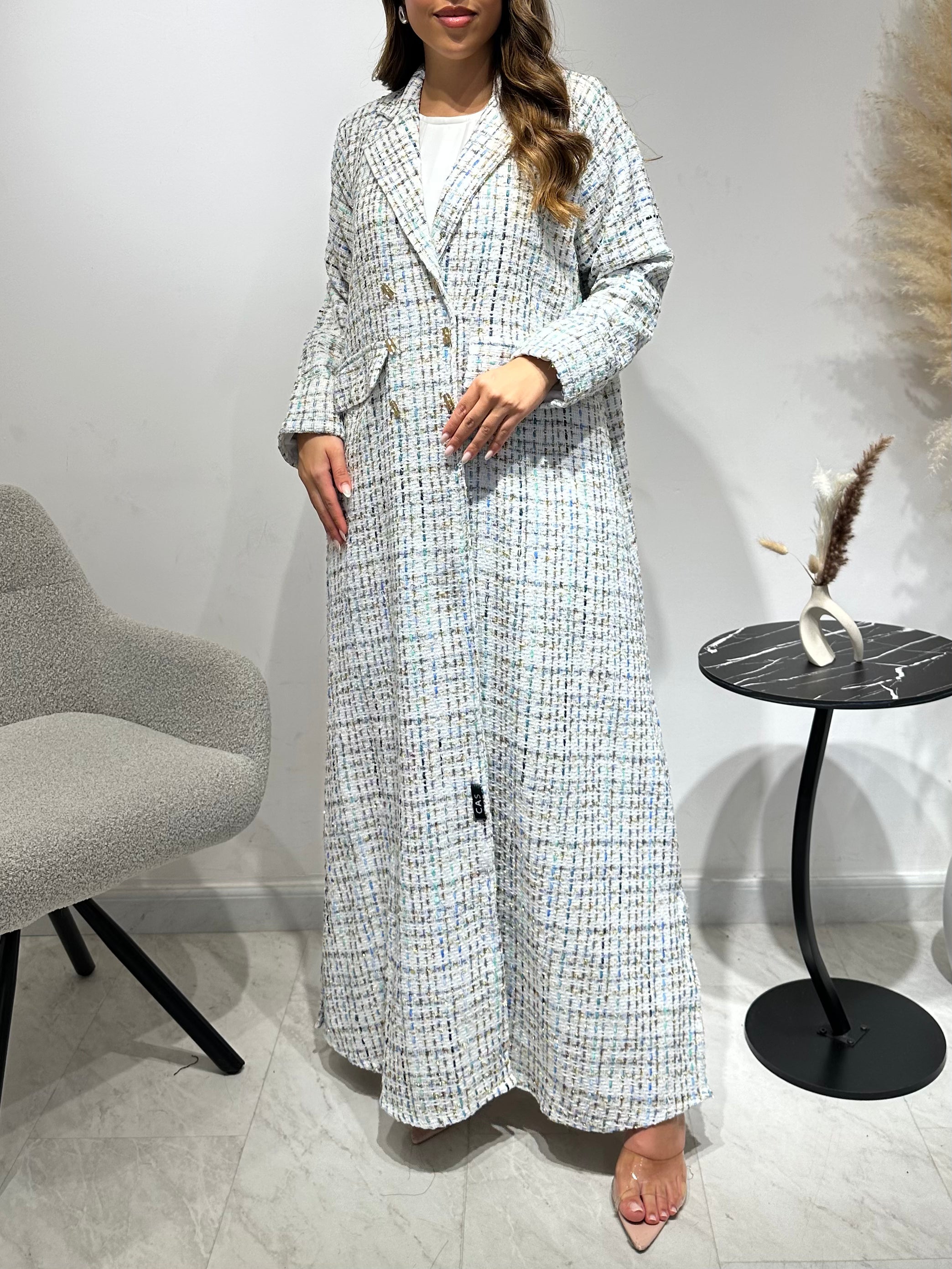 C 1591 White Blue Coat Abaya