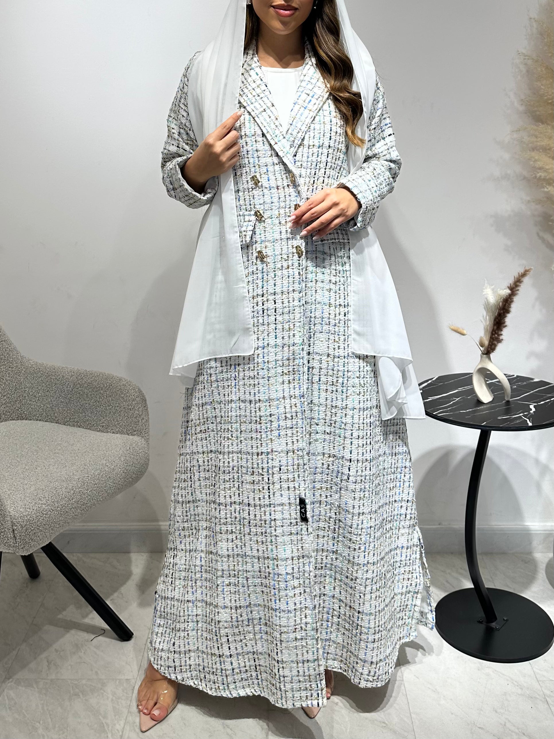 C 1591 White Blue Coat Abaya