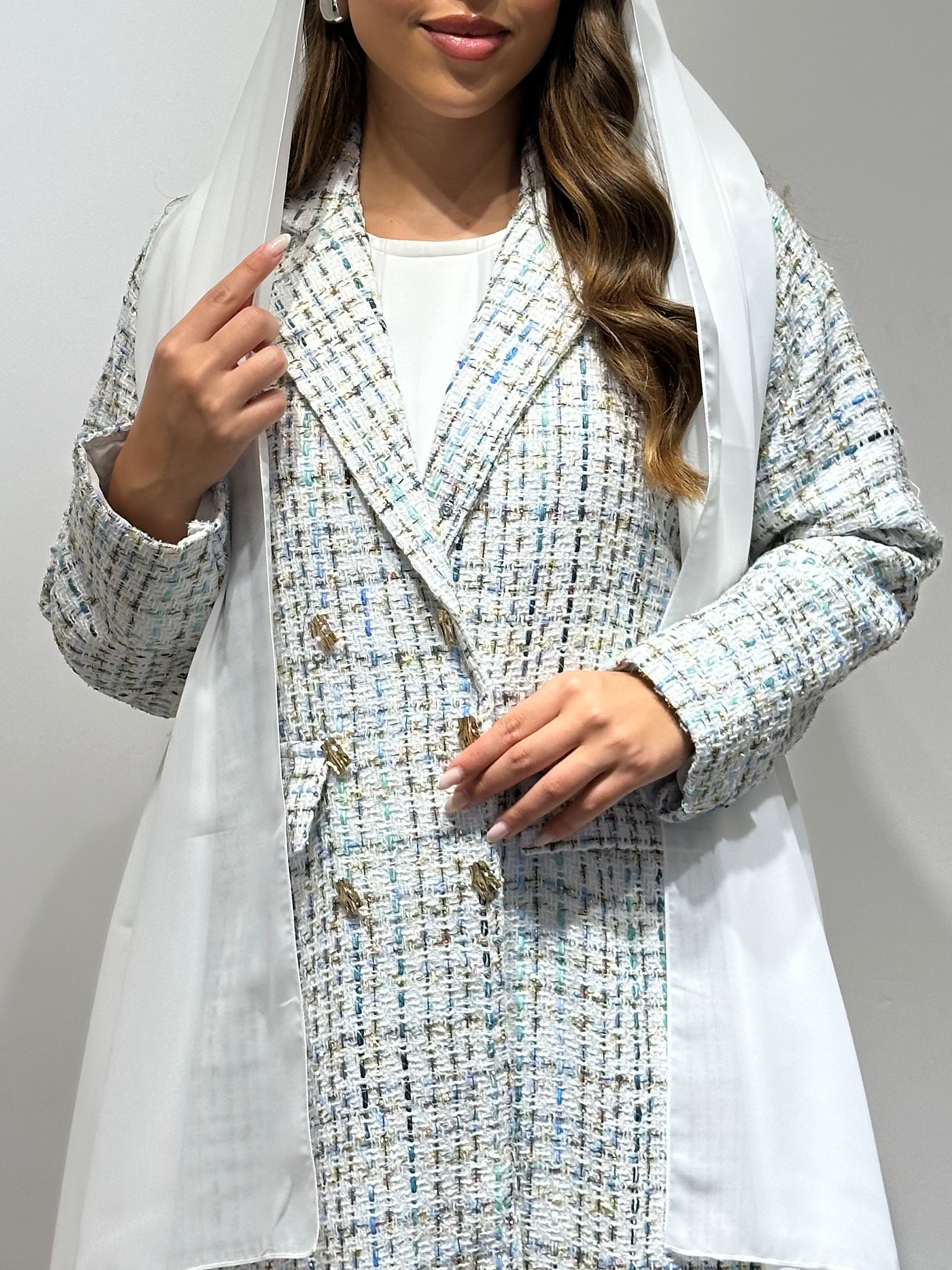 C 1591 White Blue Coat Abaya