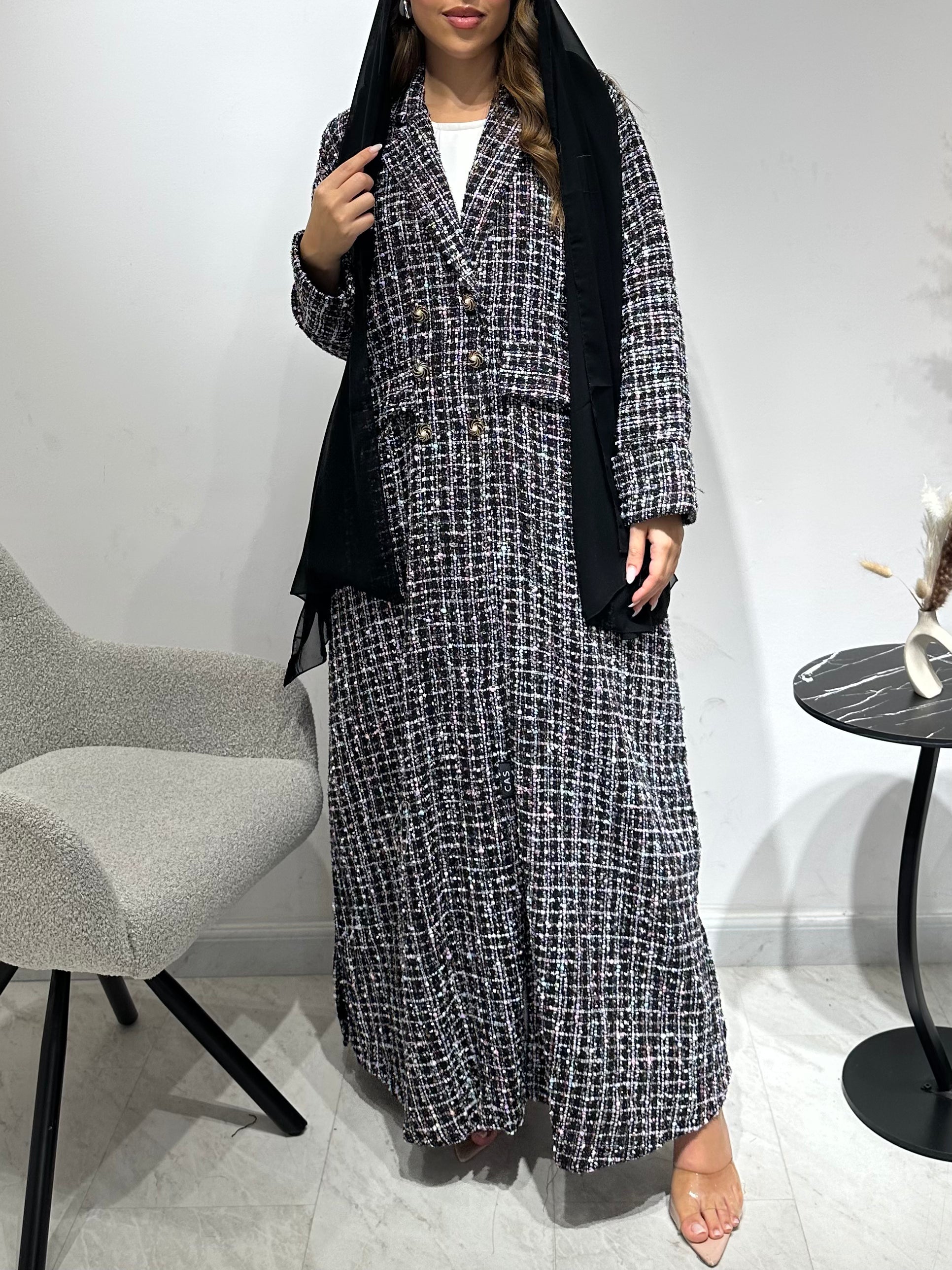 C 1592 Black Pink Coat Abaya