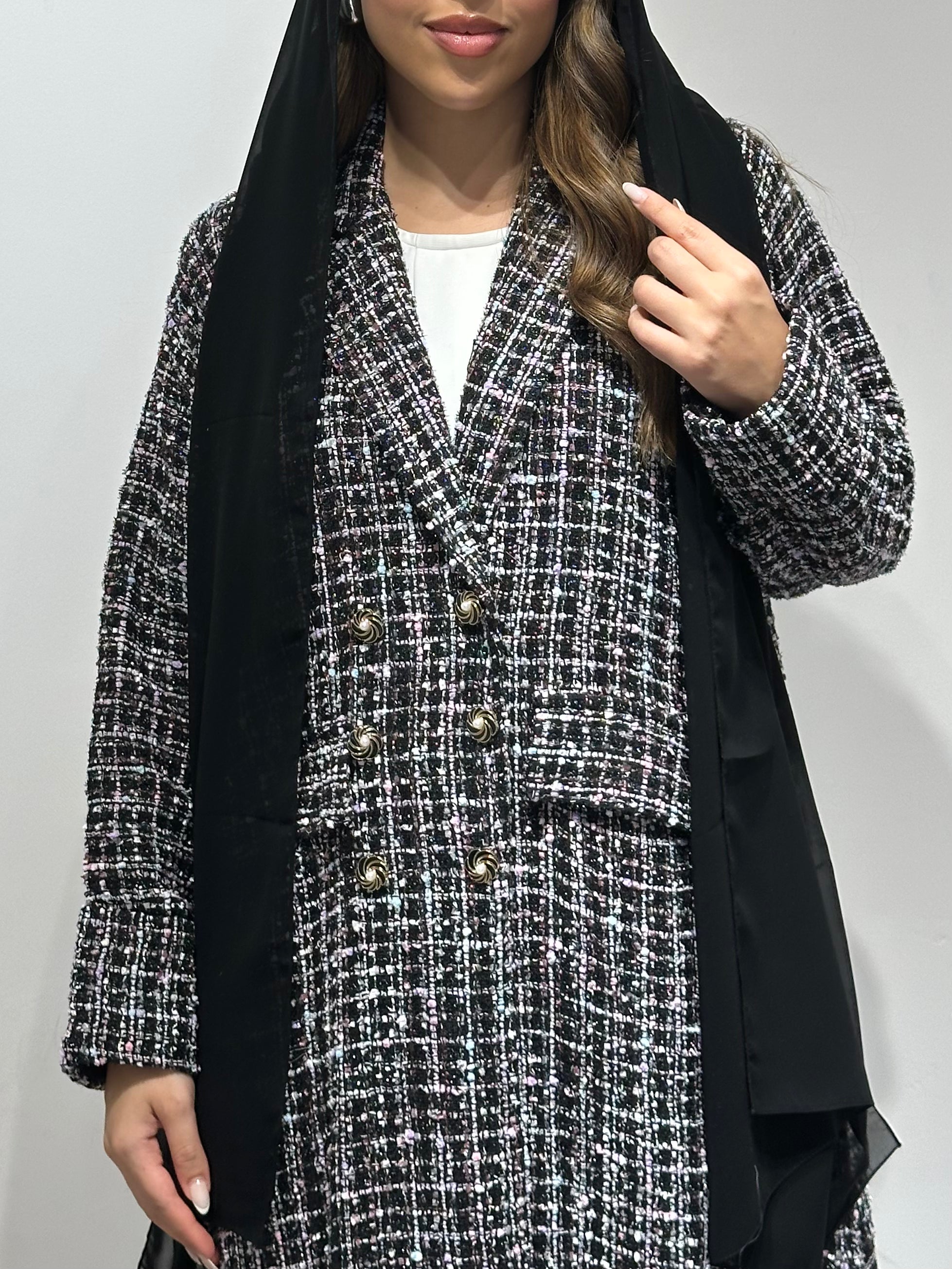 C 1592 Black Pink Coat Abaya