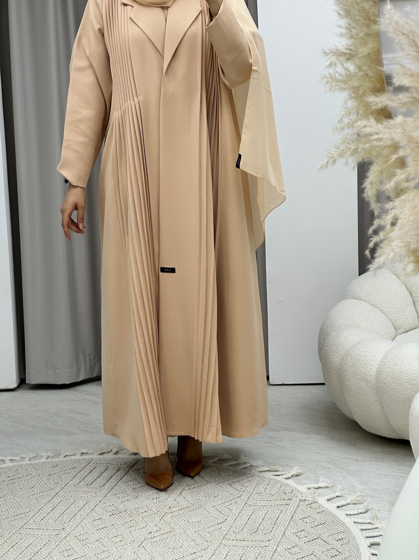 C Pleated Beige Abaya Coat Set