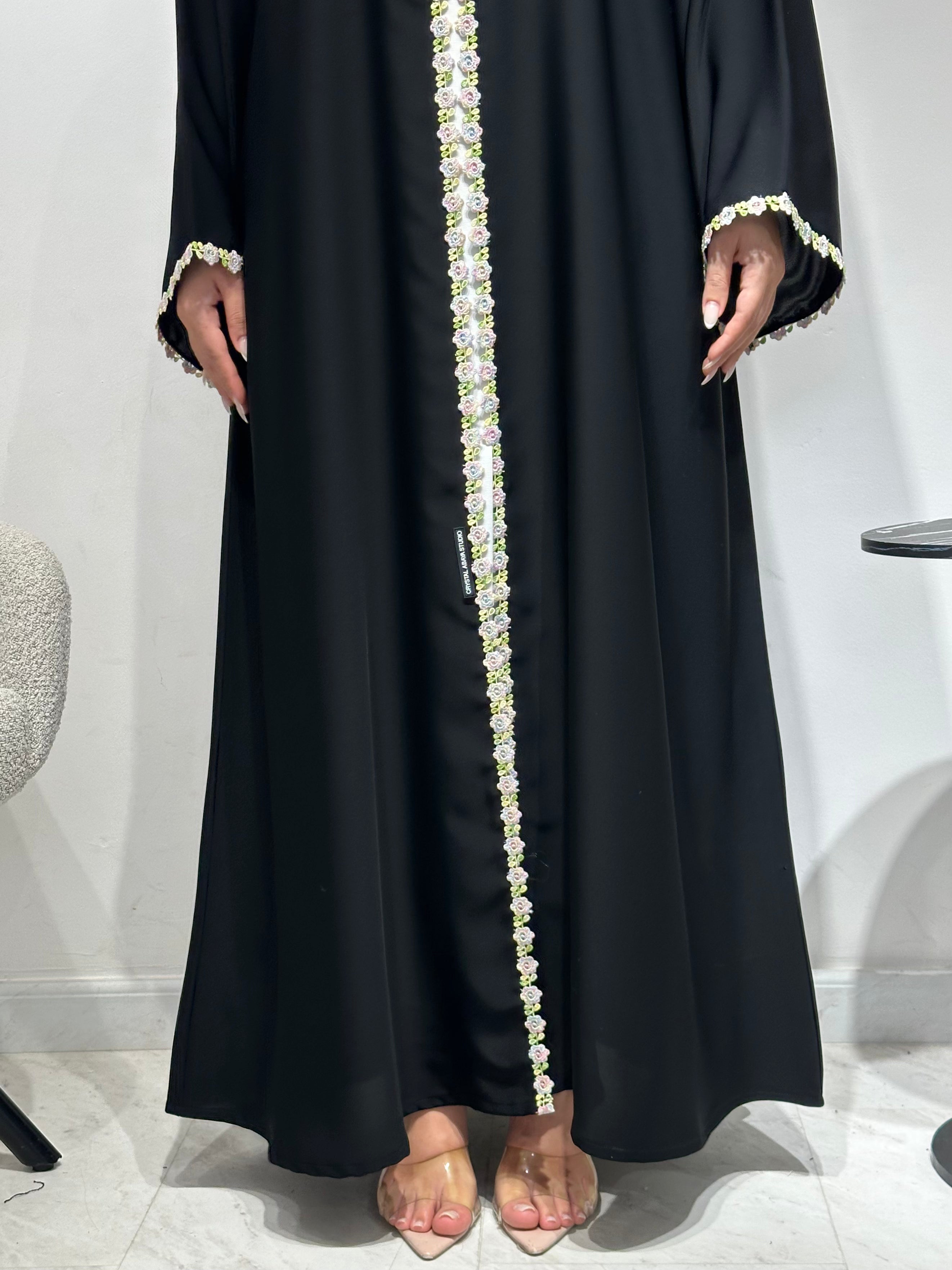 C 1589 Black Floral Lace Abaya