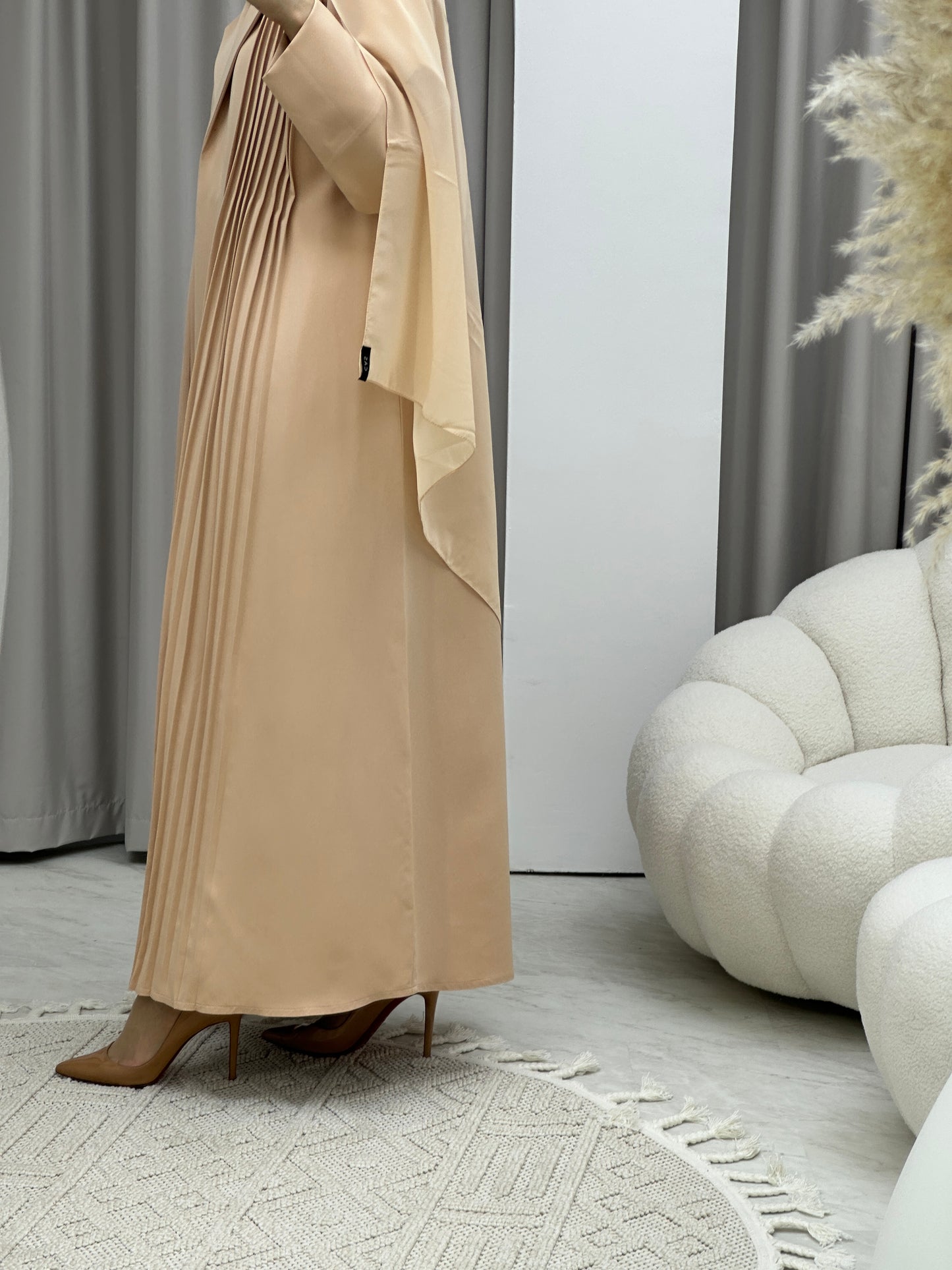 C Pleated Beige Abaya Coat Set