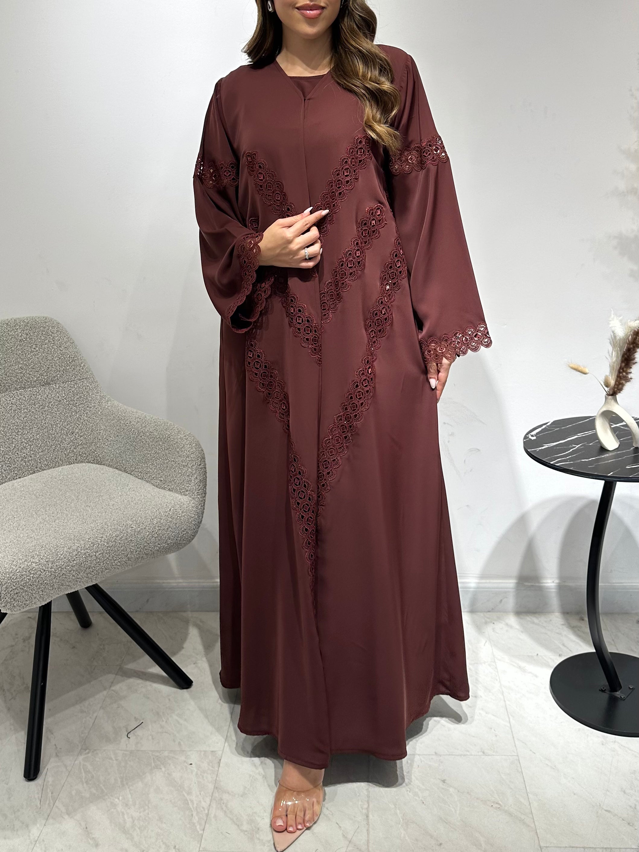 C 1592 Chocolate Brown Crystal Lace Abaya