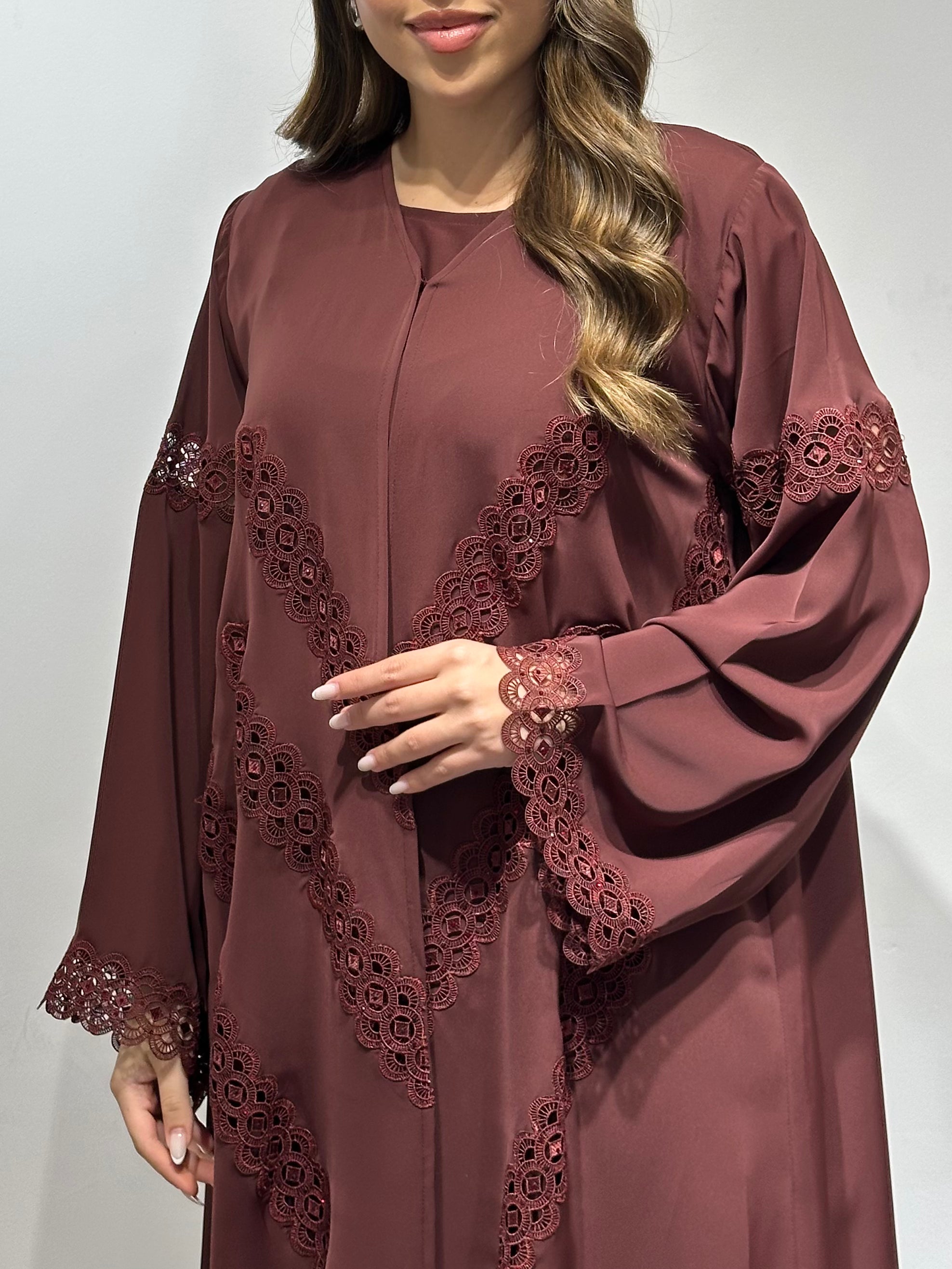 C 1592 Chocolate Brown Crystal Lace Abaya