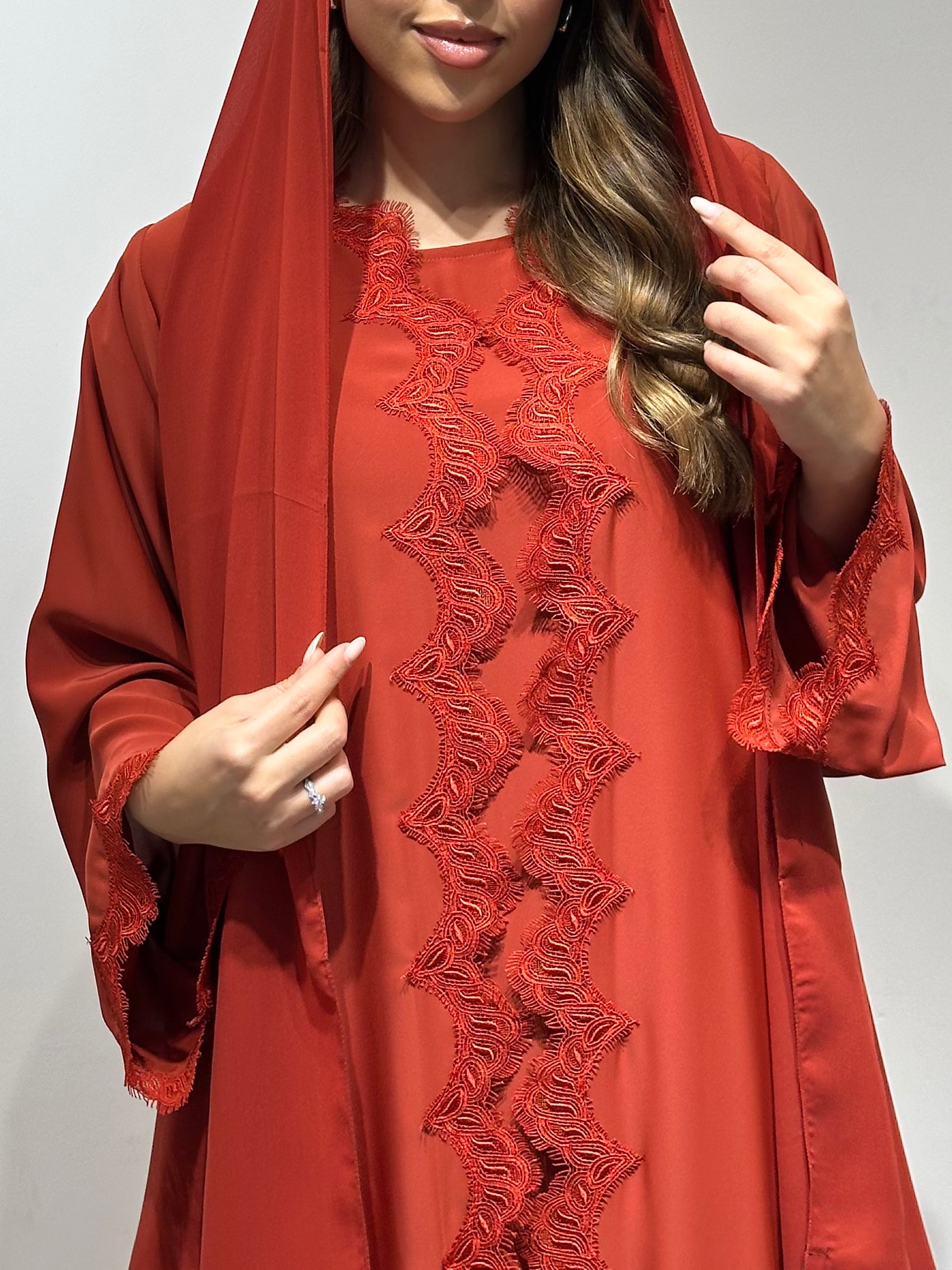 C 1595 Burnt Orange Lace Abaya